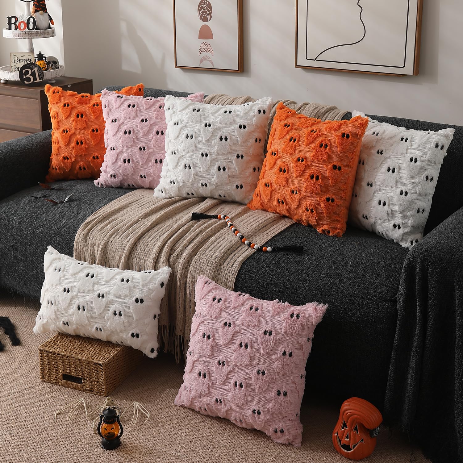 Dfxsz Halloween Pillow Covers 16X16 Inch Set Of 2 White Ghost Throw Pillow Cases Soft Plush Faux Fur Wool Couch Cushion Case For Chair Sofa Bedroom Living Room Home Decor Ptk03A16