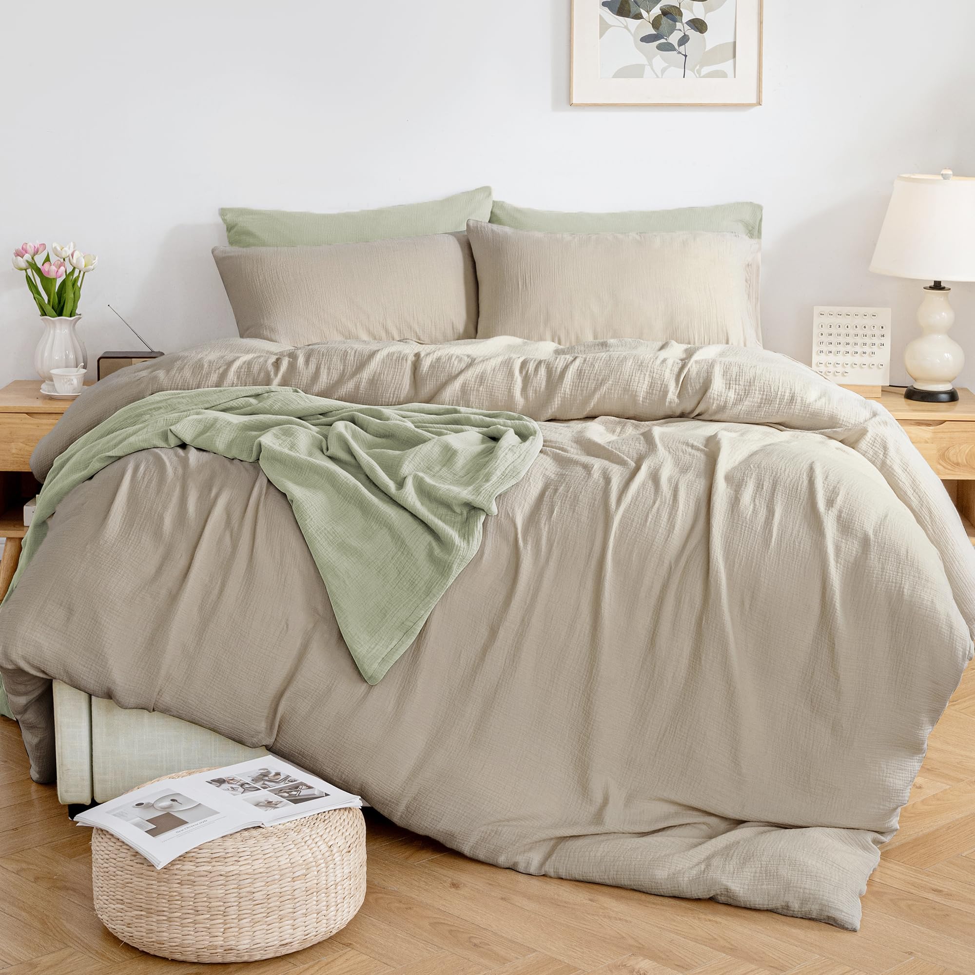 Mildly Muslin Duvet Cover Set 100% Cotton Double-Layer Linen Like Gauze Comforter Cover 3 Pieces Breathable & Lightweight For Al
