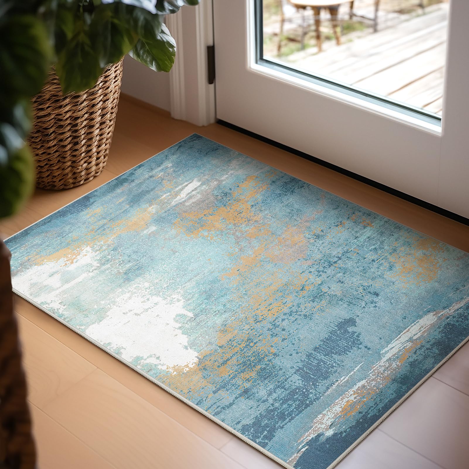 Ashler Abstract Rug, 2x3 Entryway Rugs, Modern Abstract Area Rug for Living Room, Bedroom, Kitchen Dining Room, Office, Blue Hom