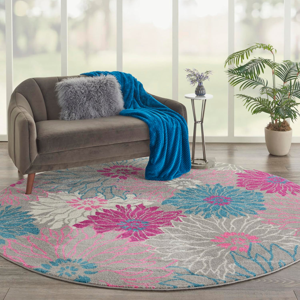 Nourison Passion Grey 8' X Round Area Rug, Floral, Farmhouse, Easy Cleaning, Non Shedding, Bed Room, Living Room, Dining Room, Kitchen, (8' Round)