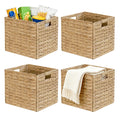 WEAVELYRICS Rectangular Storage Baskets 13x11in, 4 Pack Water Hyacinth Wicker Bins with Handles, Foldable Natural Organizer for 