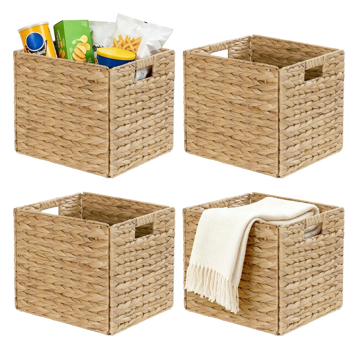 WEAVELYRICS Rectangular Storage Baskets 13x11in, 4 Pack Water Hyacinth Wicker Bins with Handles, Foldable Natural Organizer for 
