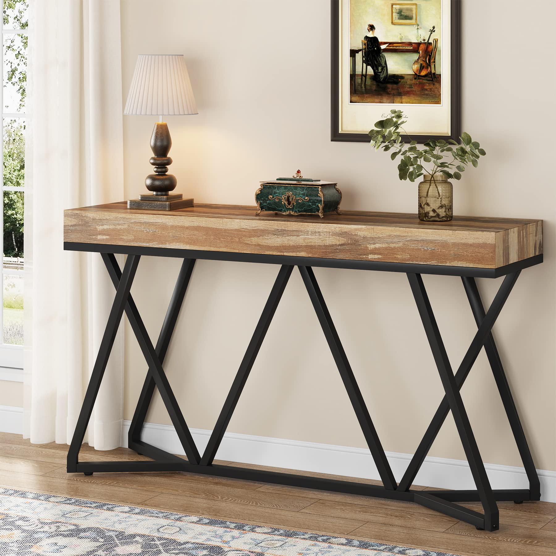 Tribesigns 55 Inch Console Table, Farmhouse Sofa Table Wood Entryway Table with Unique Metal Base, Behind The Couch Table Foyer 