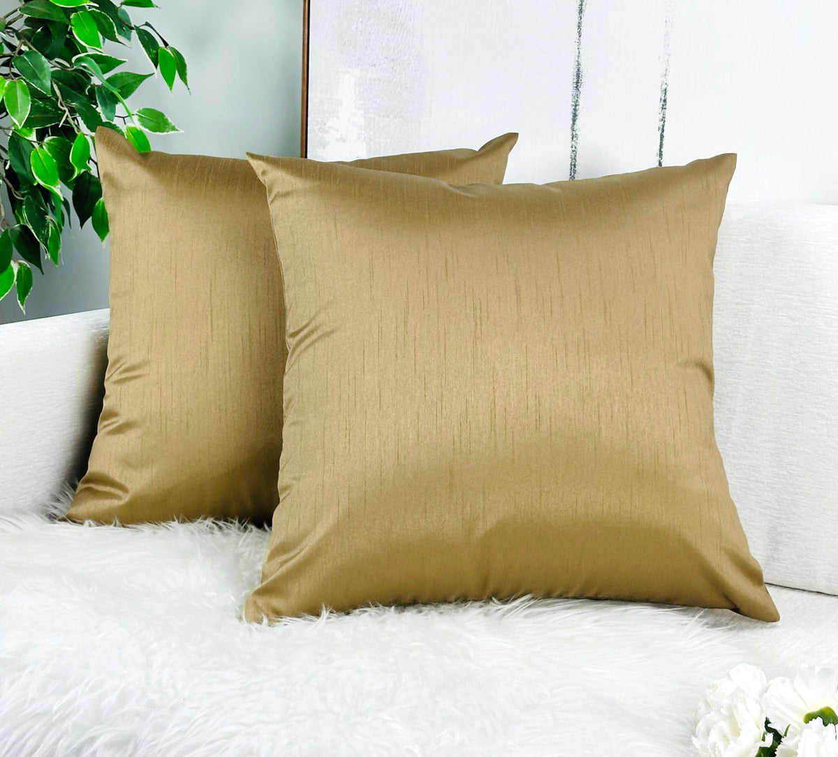 Aiking Home Collection 18X18 Inches Faux Silk Square Throw Pillow Cover, Zipper Closure, Brass (Set Of 2)