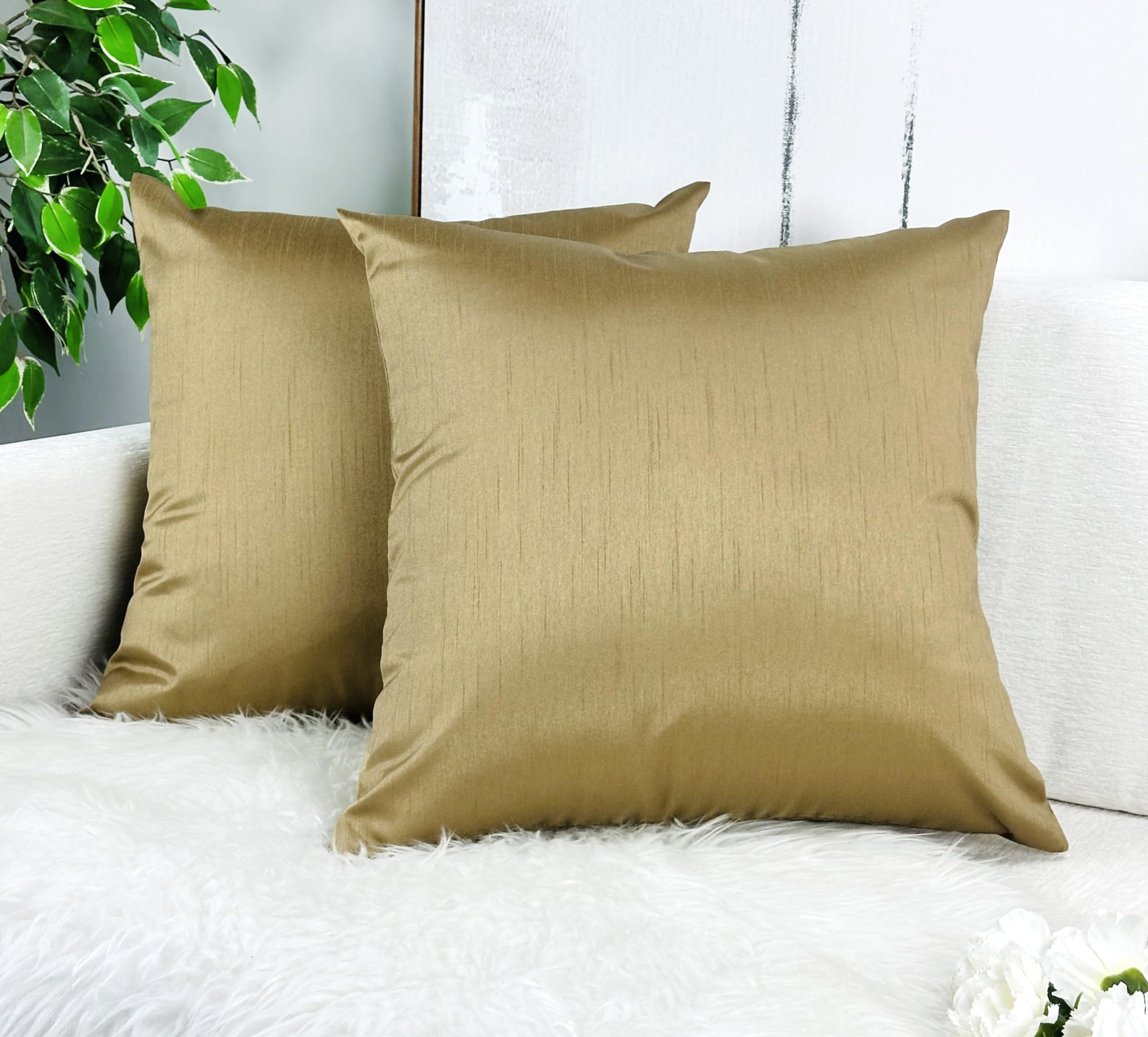 Aiking Home Collection 26X26 Inches Faux Silk Square European Shams, Zipper Closure, Brass (Set Of 2)