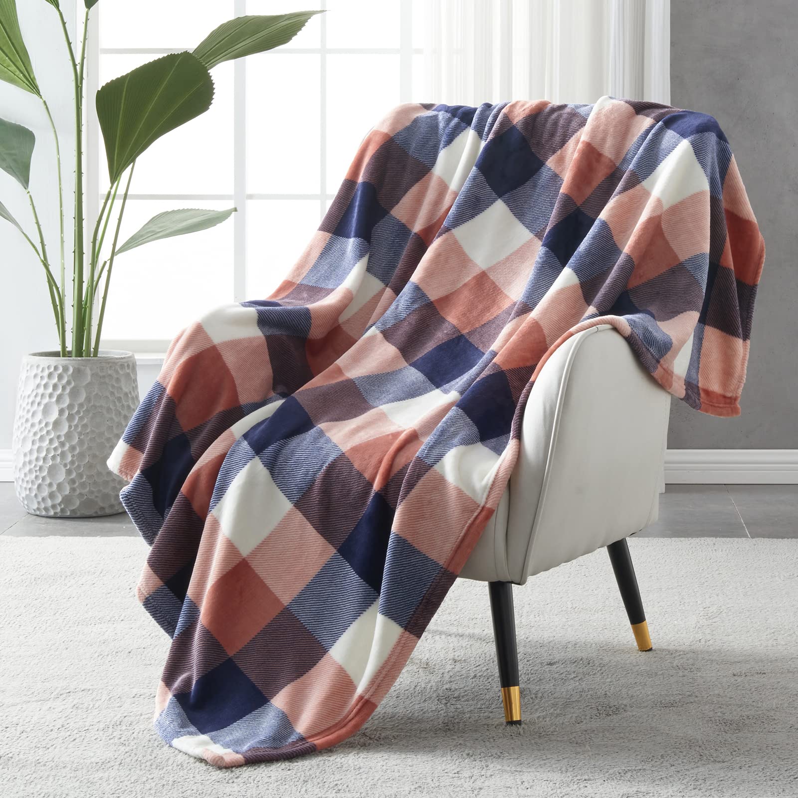 Sochow Buffalo Plaid Flannel Fleece Throw Blanket 60 X 80 Inches, Soft Lightweight Cozy All Season Coral Pink Checkered Blanket