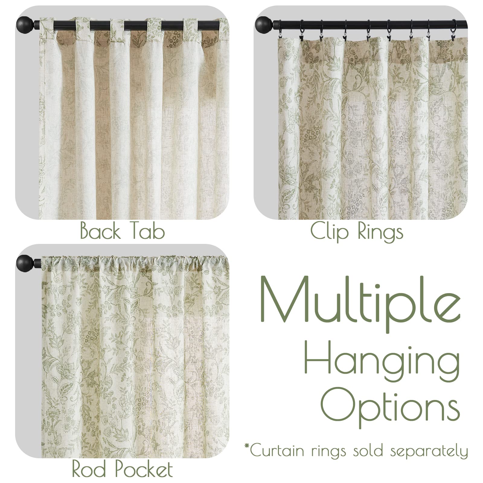 Lazzzy Green Floral Linen Farmhouse Curtains 108 Inches Long Back Tab Drapes For Living Room Bedroom Light Filtering Country Vin