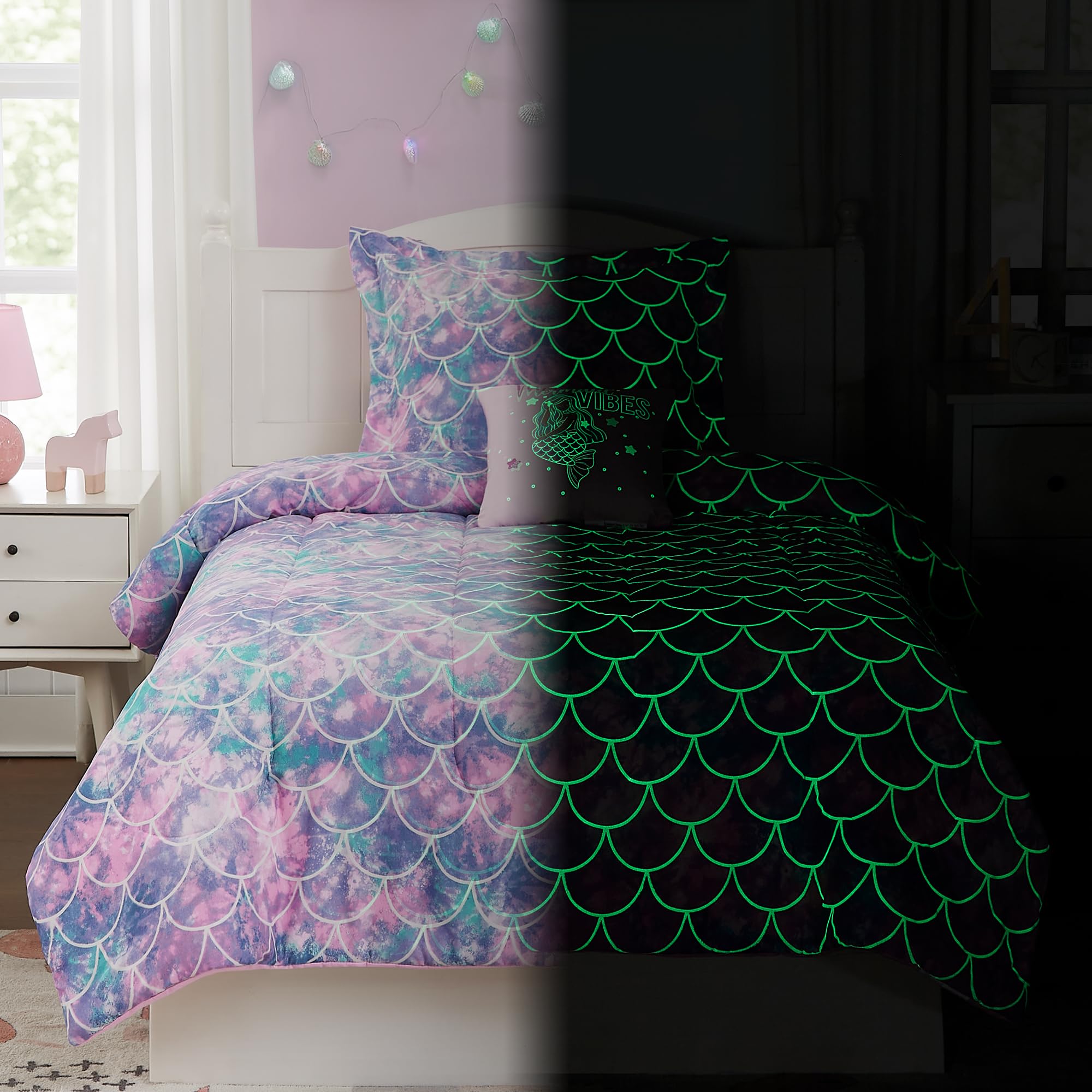 Kaleido Space Kaleidospace Pink Comforter Twin For Kids, Glow In The Dark Mermaid Bedding Sets With Decor Pillow, 3 Pieces Girls