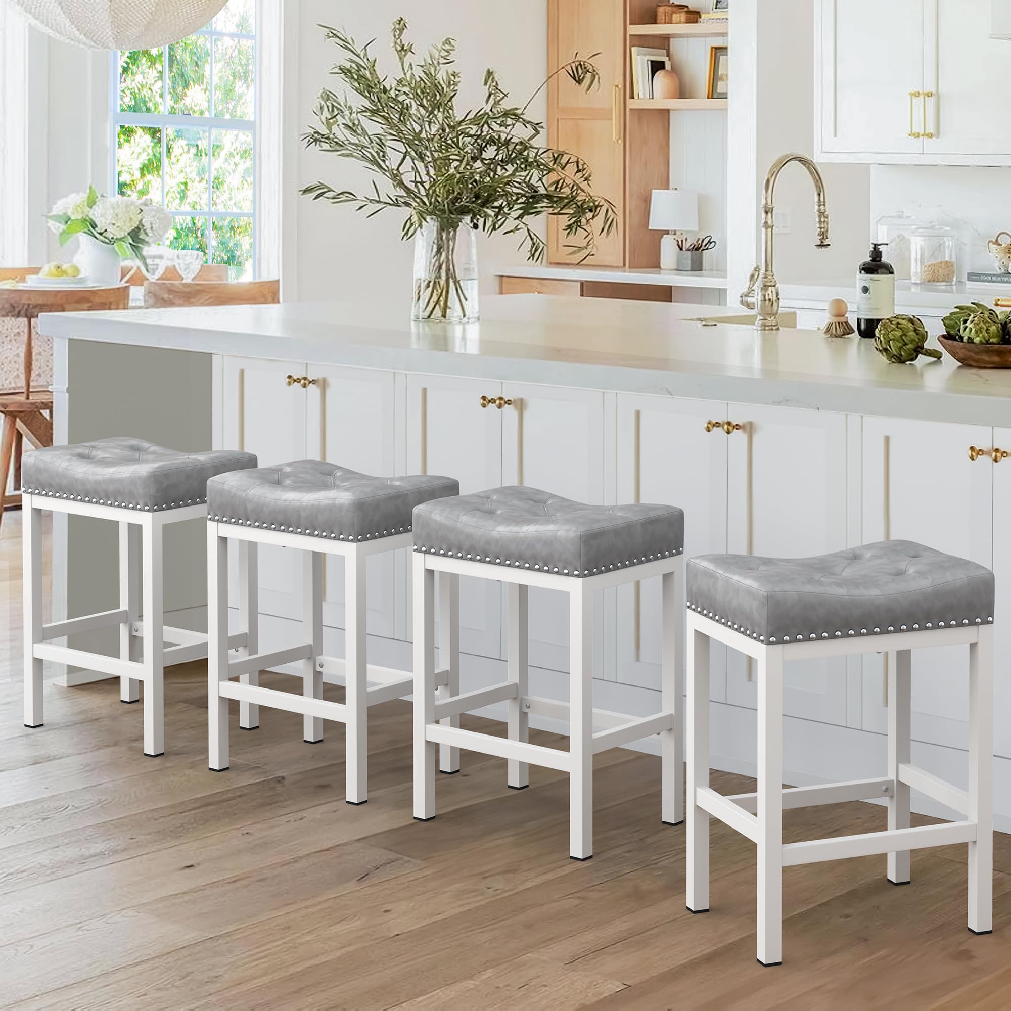 Lue Bona Counter Height Bar Stools, 24 Inch Saddle Backless Bar Stools Set Of 4 For Kitchen Counter, Faux Leather Counter Stools With White Metal Legs, Modern Kitchen Island Stools, Light Gray