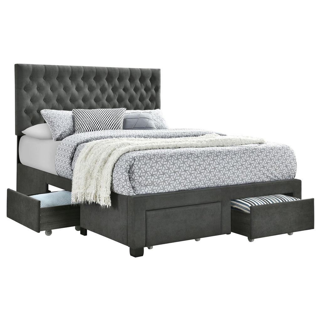 Coaster Home Furnishings Soledad Modern Classic Fabric Upholstered Eastern King Size Storage Panel Bed Frame Platform Bed 52-inch Headboard Grey 305877KE