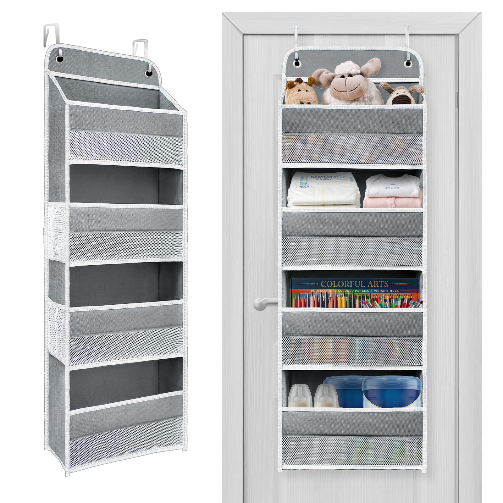 Over The Door Organizer 4 Shelves & 4 Side Pockets, Large Storage Rack