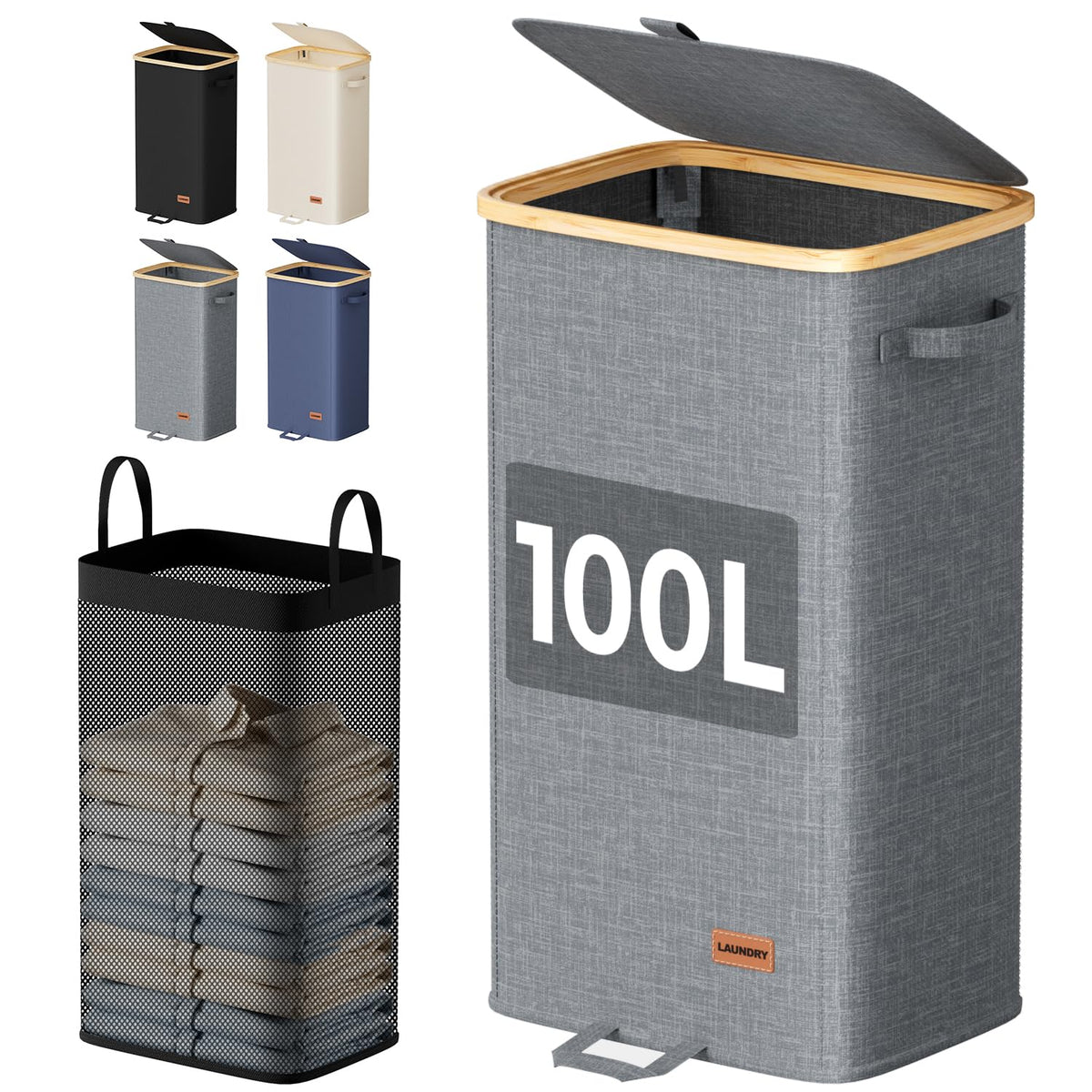 Hosynwin 100L Laundry Hamper with Lid, Tall Dirty Clothes Hamper, Grey