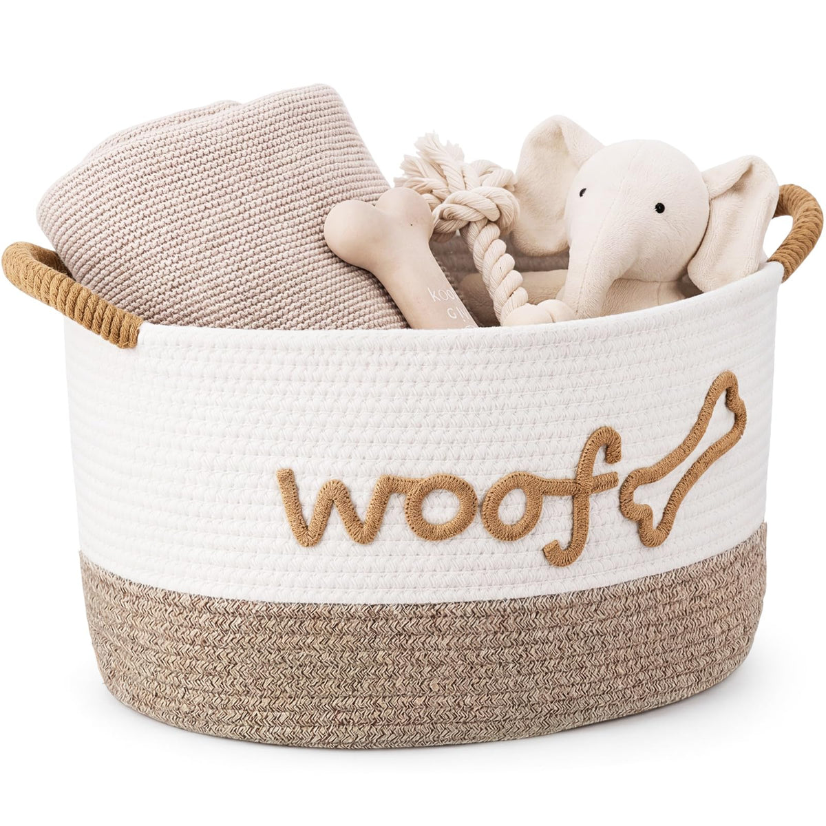 Zhehao Dog Woven Toy Basket with Handles, 15 x 11 x 9 in, White Flaxen