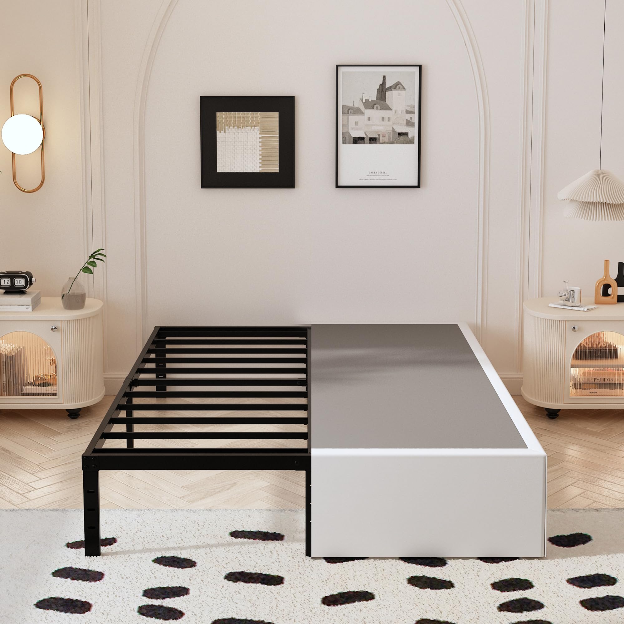 Maenizi 14 Inch Full Bed Frame With White Fabric Cover, Heavy Duty Metal Bed Frame Full, No Box Spring Needed, Support Up To 3000 Lbs, Easy Assembly, Noise Free, Black