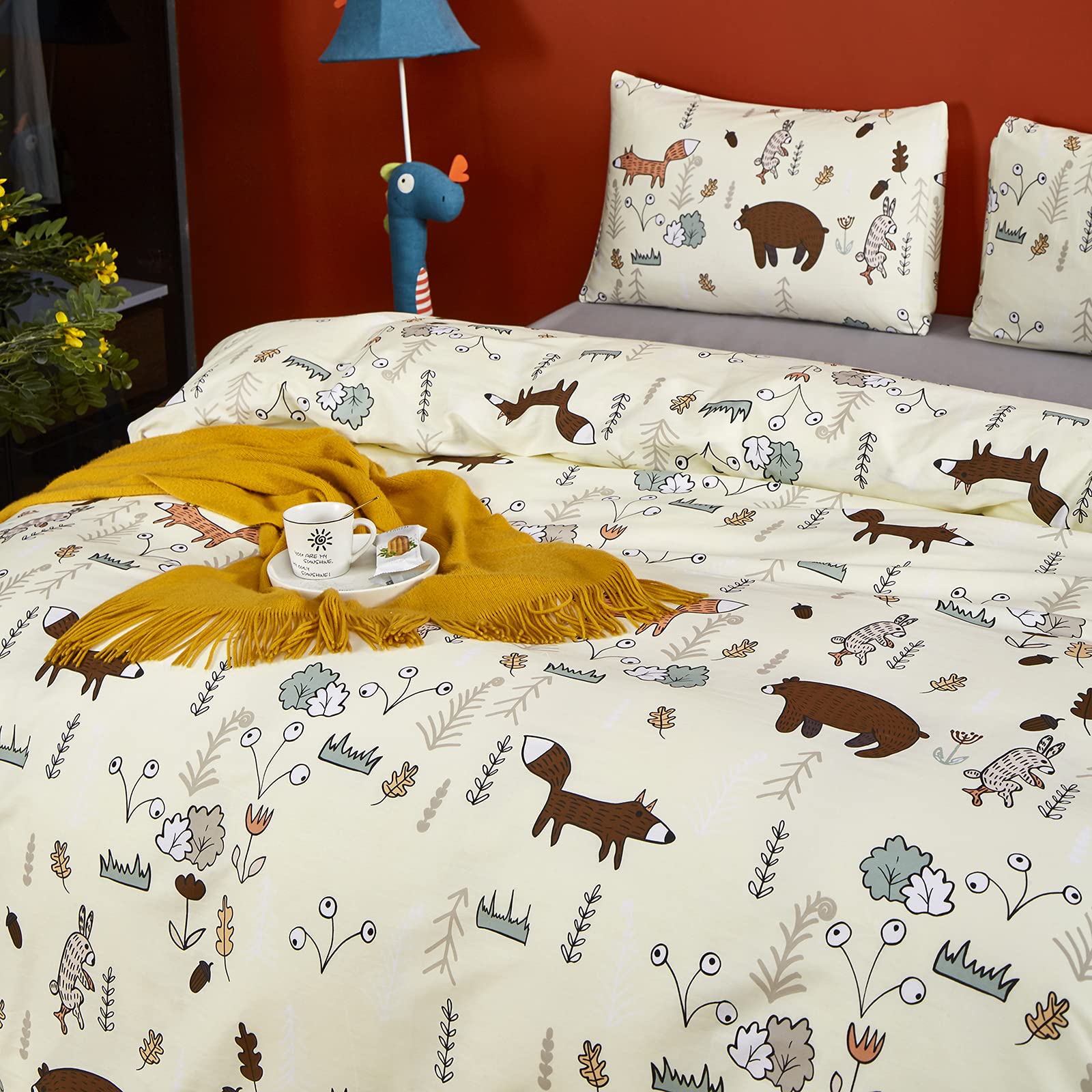 Clothknow Kids Comforter Sets Full Yellow Bear Comforter Full Boys Girls Bedding Cartoon Fox Bed Set Theme Woodland Forest Animal Bedding 3Pcs Bedding Comforter Sets Full
