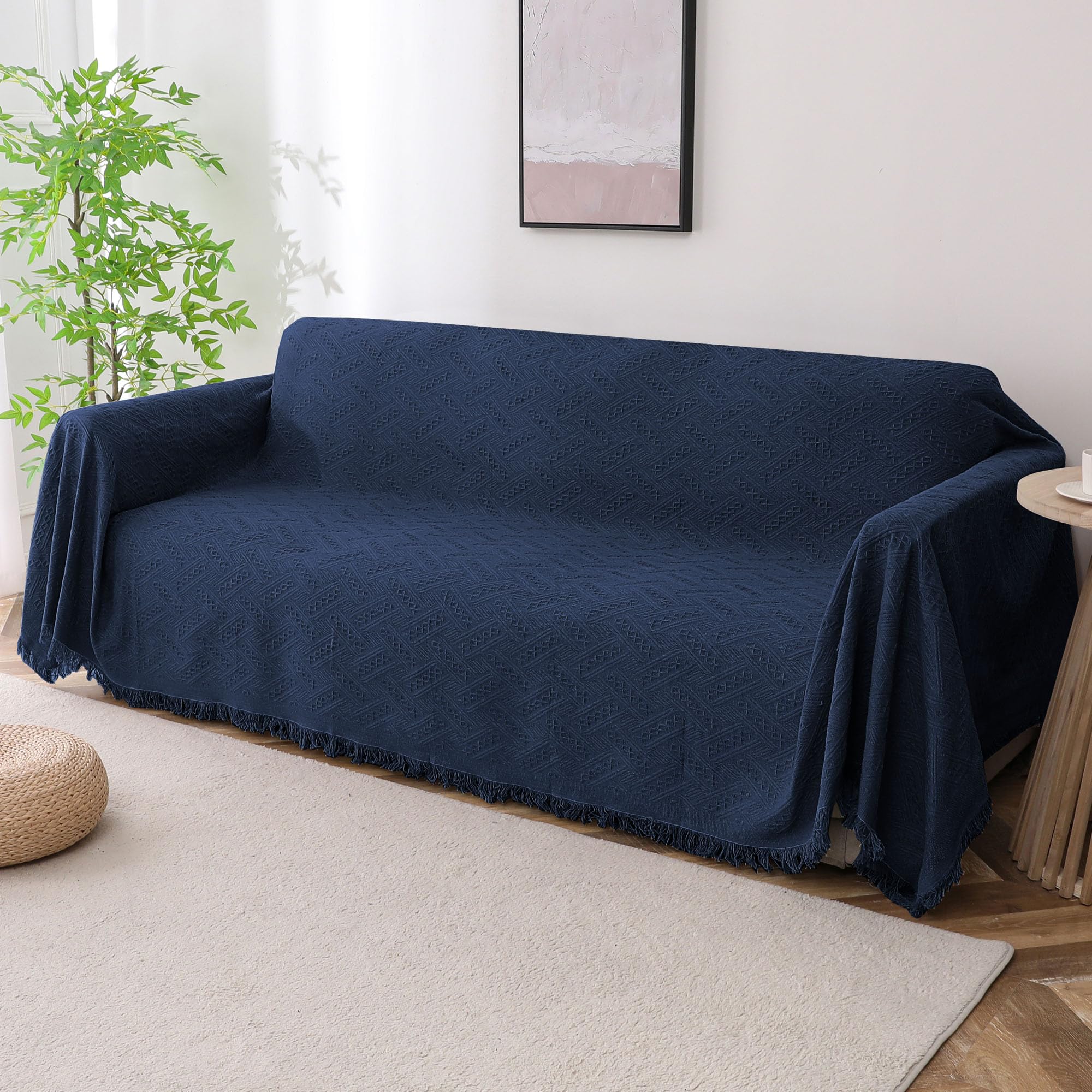 Turquoize Cotton XX-Large Blanket, Navy, 91'x134', Jacquard Weave, Geometrical Pattern, Tassel Embellishment, Durable, Heavyweig