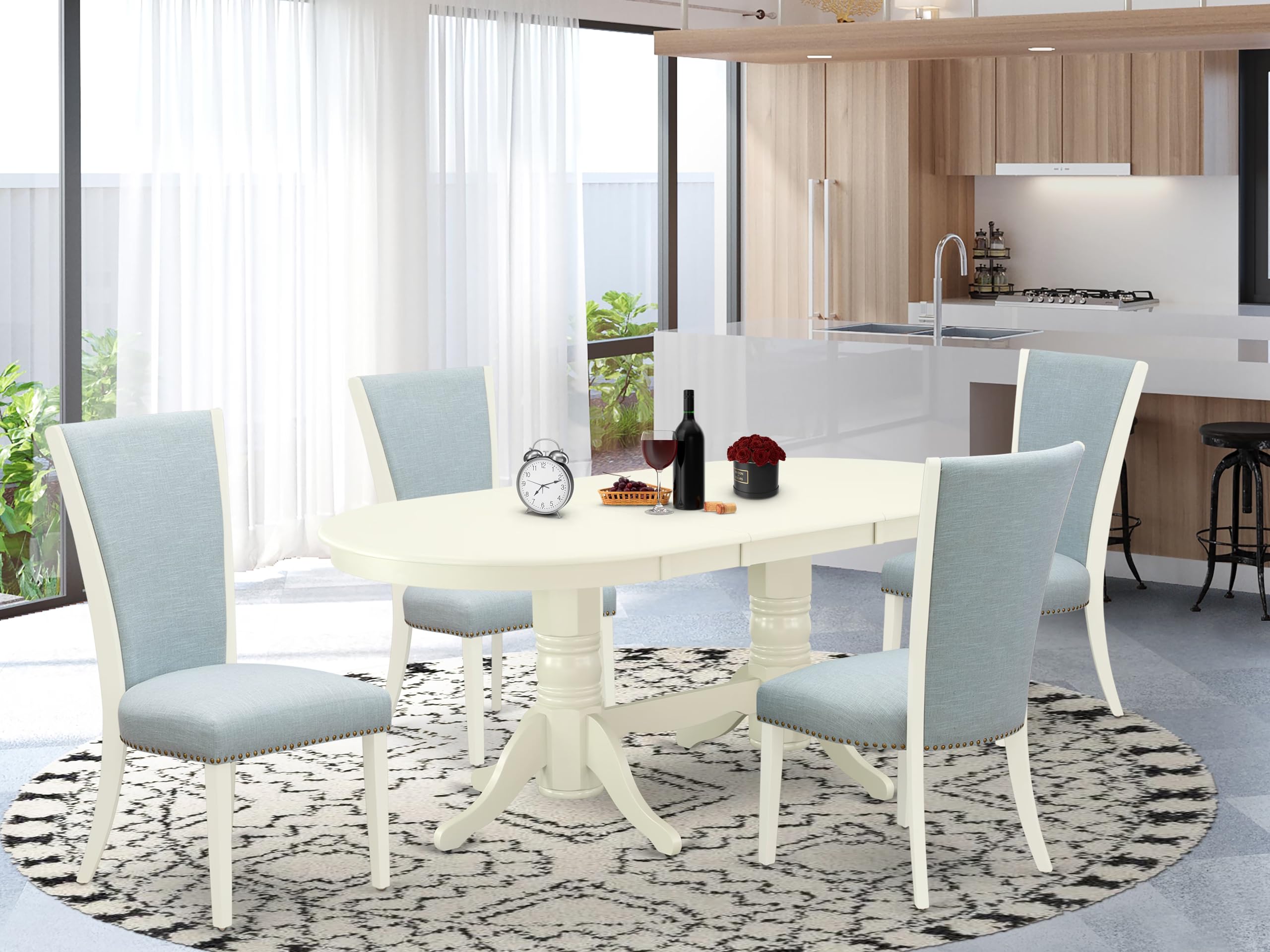 East West Furniture Vave5-Lwh-15 5 Piece Dining Table Set For 4 Includes An Oval Kitchen Table With Butterfly Leaf And 4 Baby Blue Linen Fabric Upholstered Chairs, 40X76 Inch, Linen White
