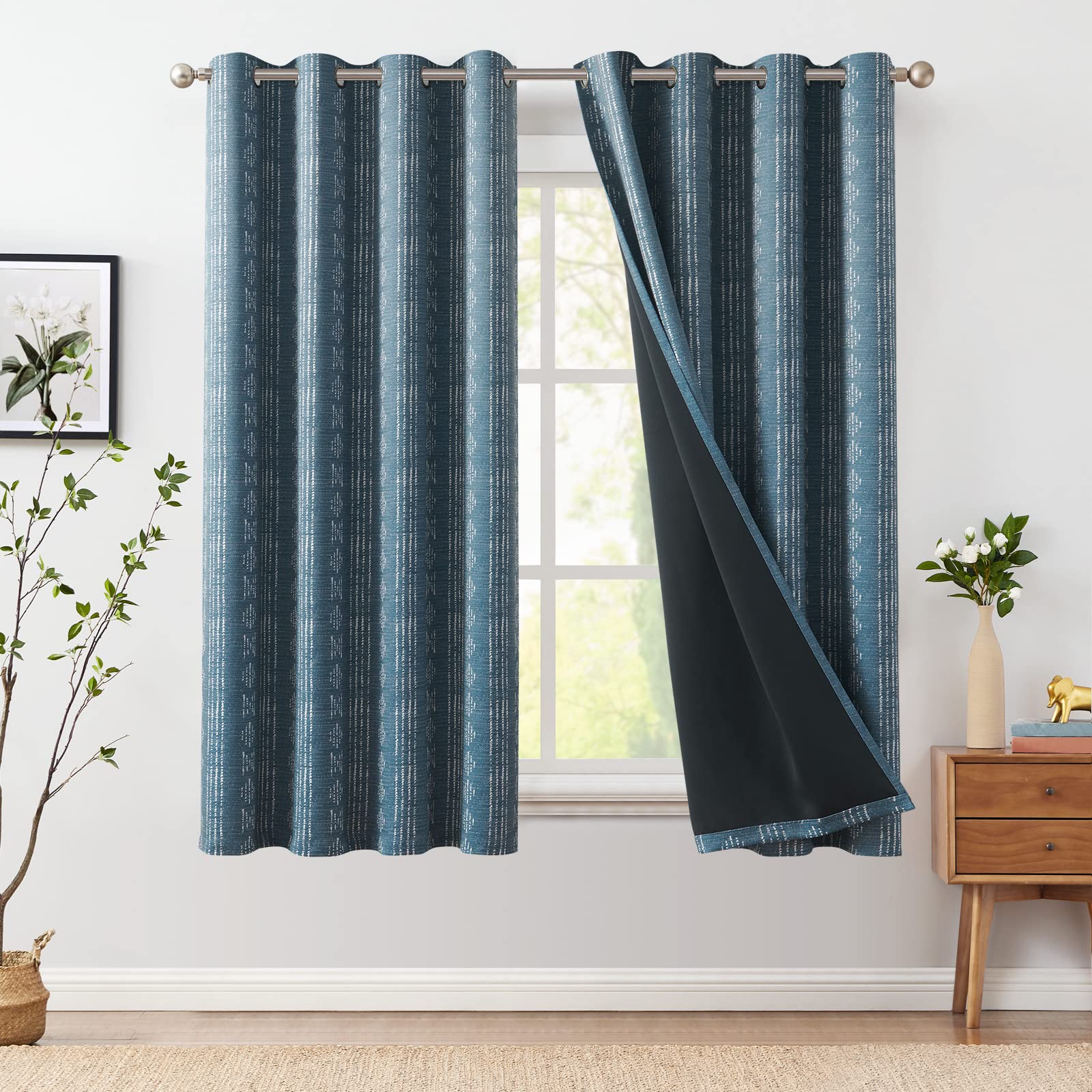 Jinchan 100% Blackout Boho Curtains 54 Inch Length For Bedroom White On Blue Geometric Printed Grommet Top Room Darkening Thermal Insulated Window Drapes 2 Panels