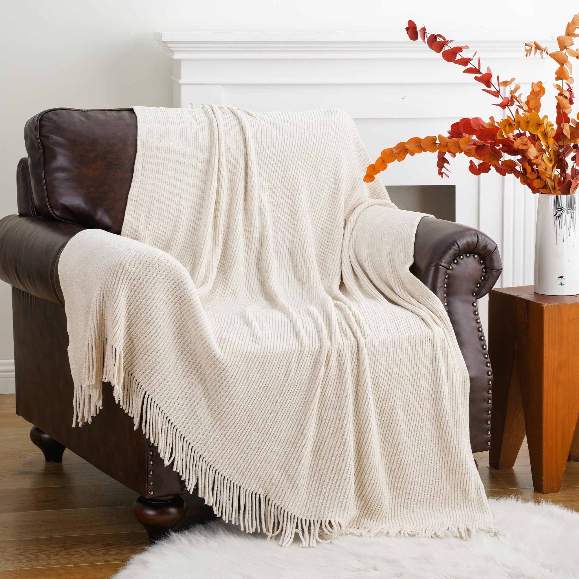 Battilo Home Beige Throw Blanket For Couch, Soft Chenille Knit Throws With Tassels For Home Decor, White Cream Throws For Bed Co