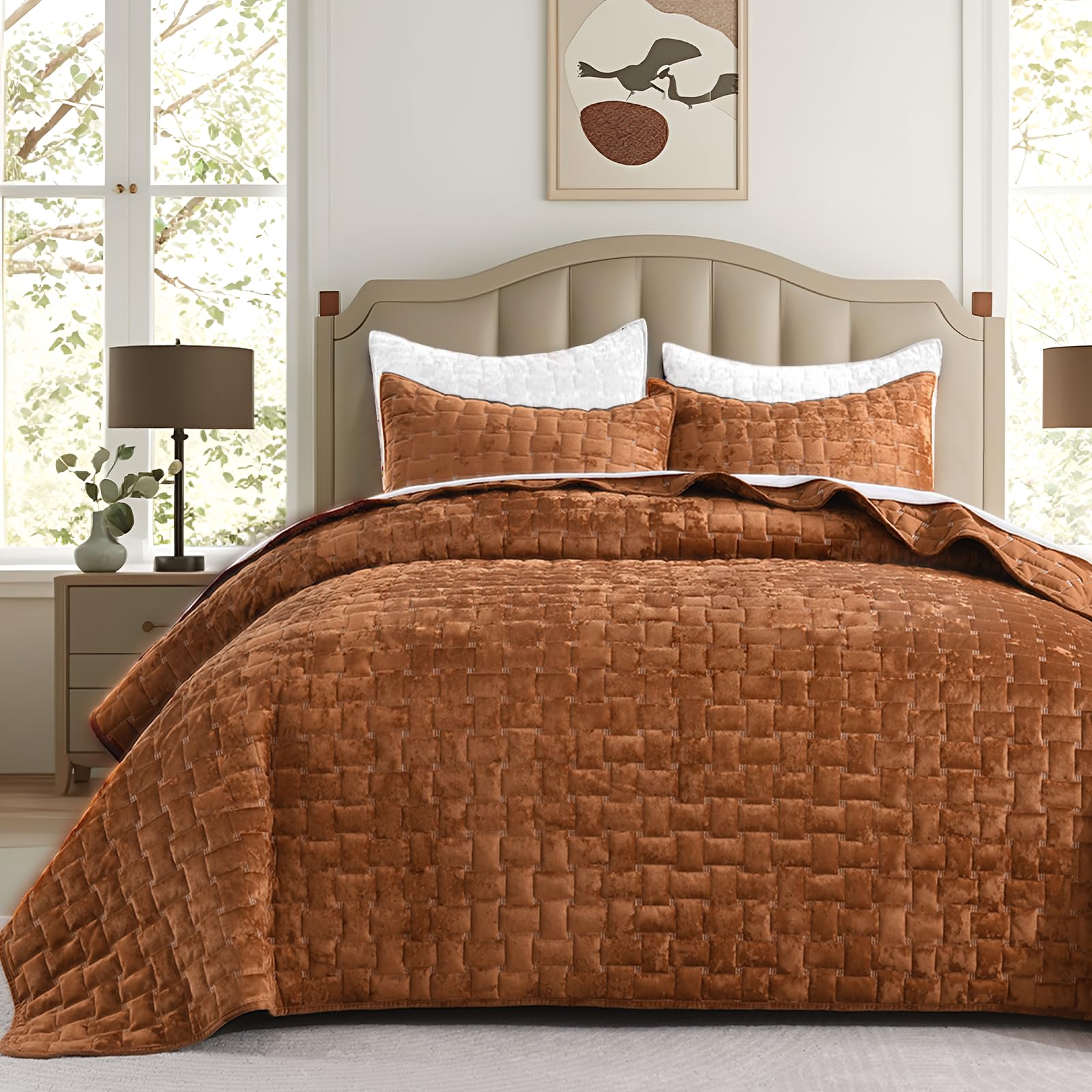 Grassix Velvet Quilt Queen Size, 3-Piece Luxury Burnt Orange Quilt Bedding Set, Lightweight Velvet Comforter For All Seasons, Br