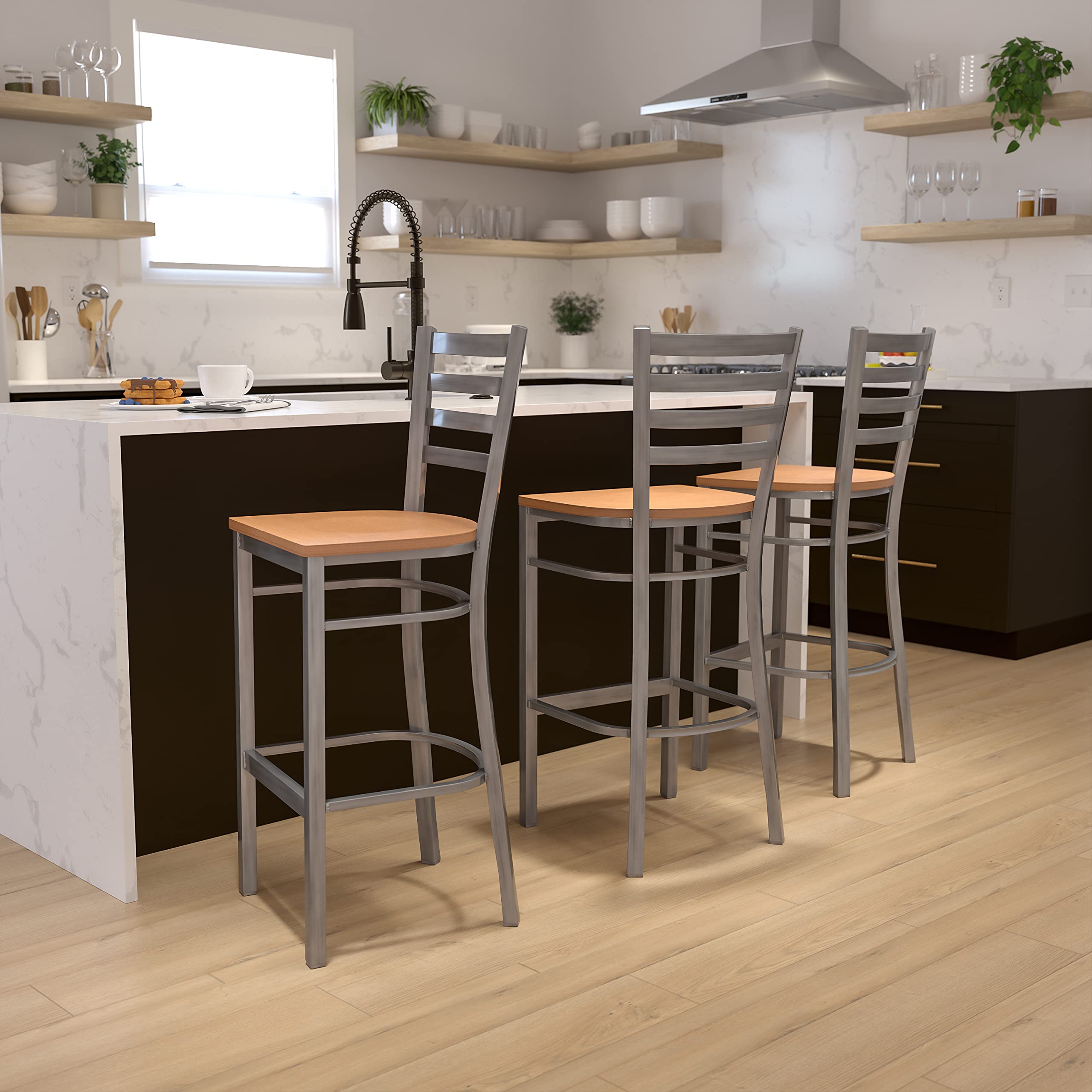 Flash Furniture Hercules Series Clear Coated Ladder Back Metal Restaurant Barstool - Natural Wood Seat (Pack Of 1)