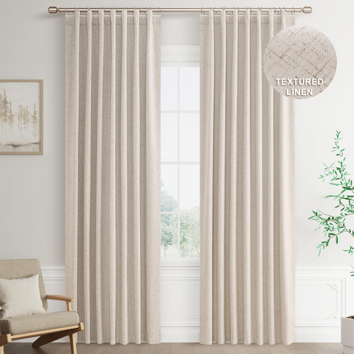 Joywell Oatmeal Tan Linen 100% Blackout Curtains 96 Inch Long, Rod Pocket/Back Tab/Hook Belt,Thermal Insulated Drapes Boho For Bedroom Living Room Dining Room With Hooks(2 Panels,52 X 96,Oatmeal)