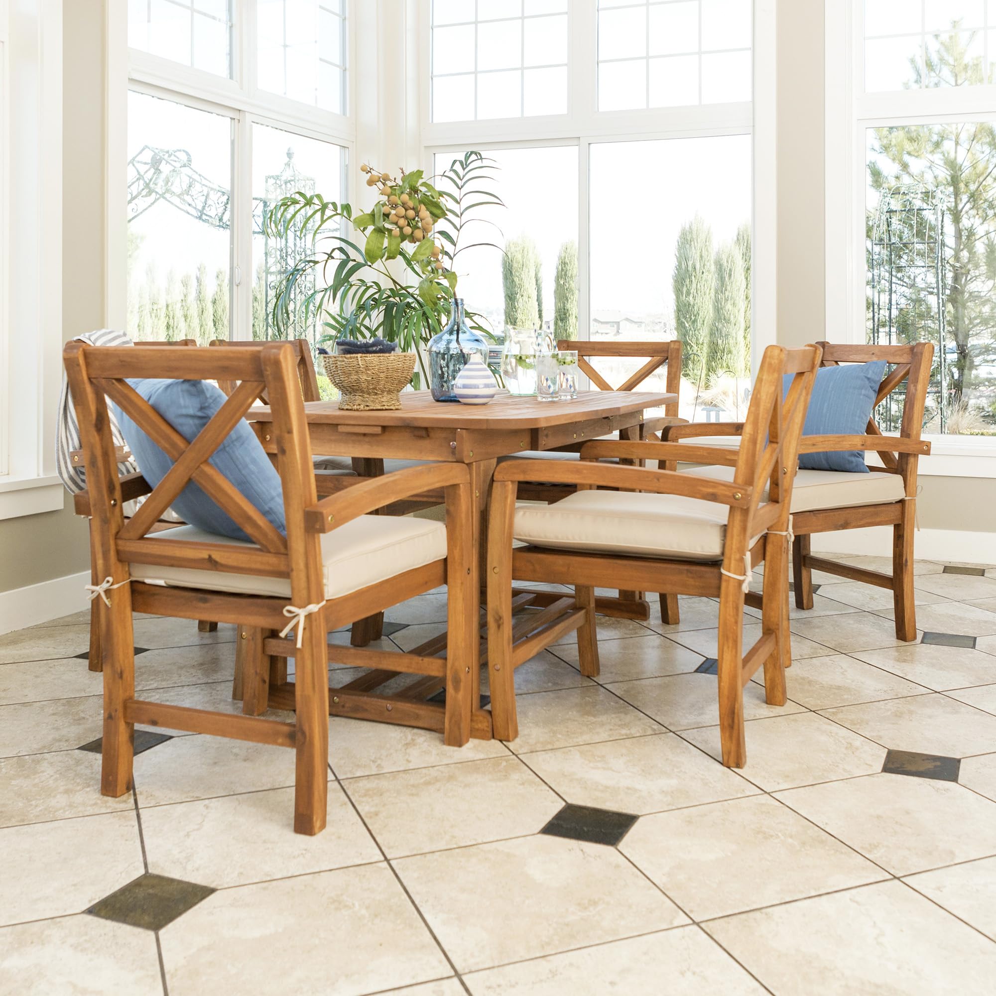 Walker Edison Maui Classic 7 Piece Acacia Wood Outdoor Dining Set With X Back Chairs, Set Of 7, Brown