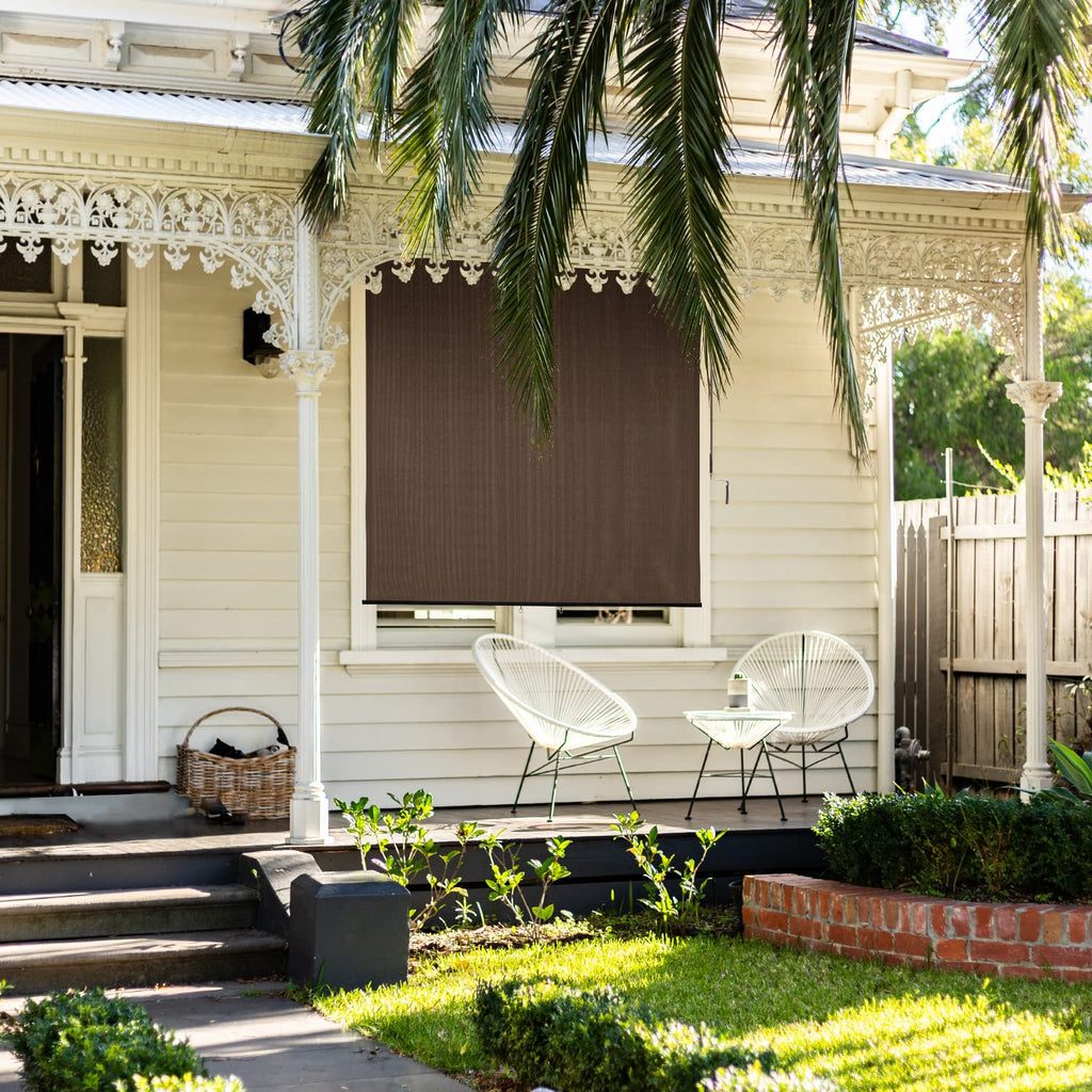 Vicllax Outdoor Roller Shade Fabric For Porch Gazebo, Patio Cordless Blinds Roll Up Shade (7' W X 8' L), Mocha