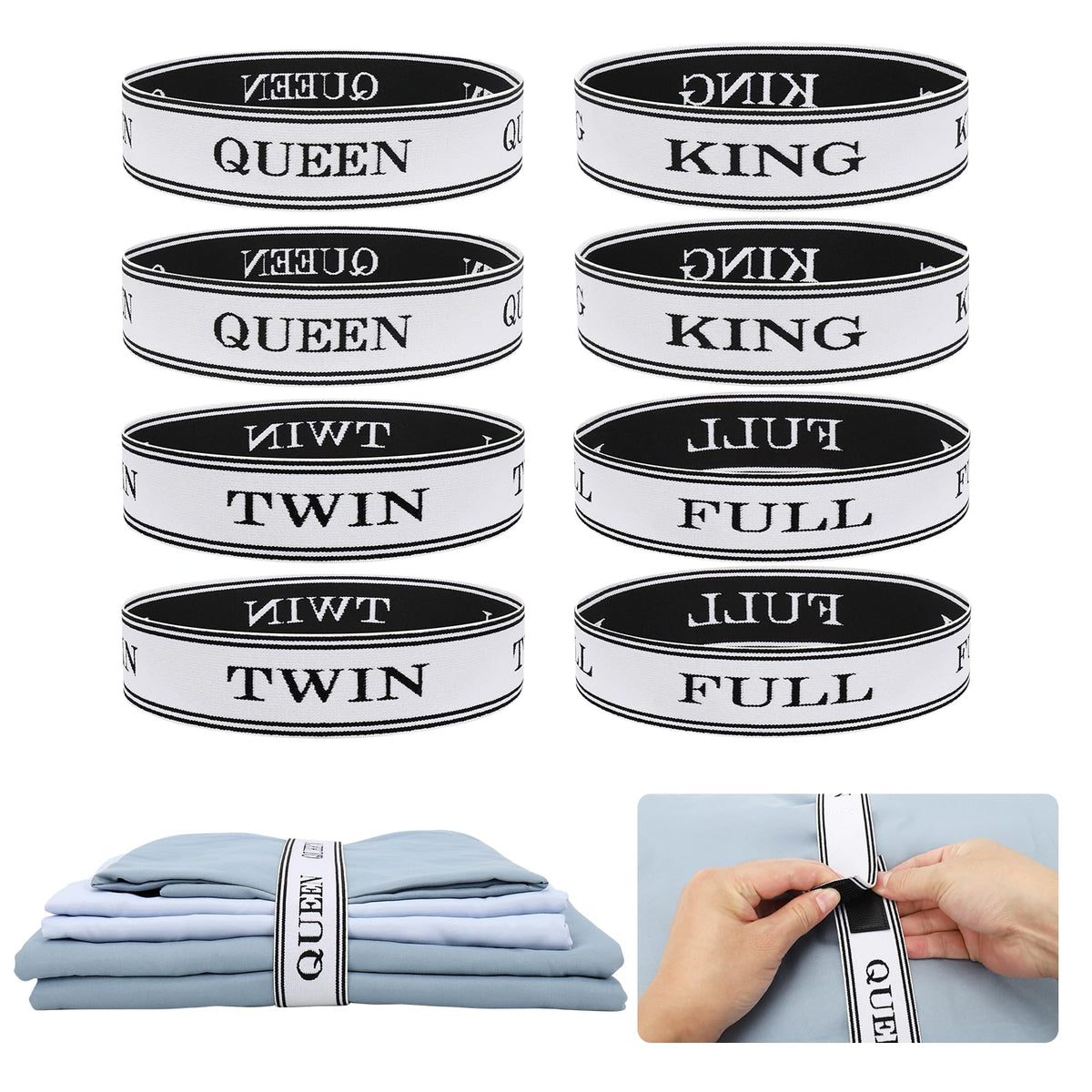 BROPGOD 8 Pcs Bed Sheet Organizer Bands with Velcro-Adjustable Sheet Organizers and Storage Label Bands for Linen Closet-Elastic