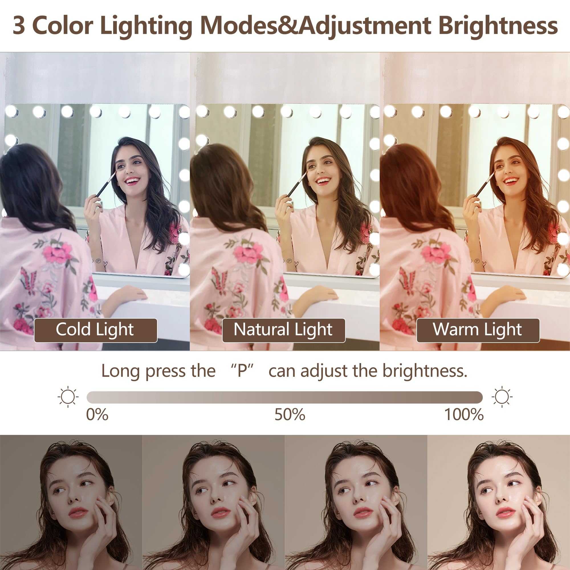 Slimoon Hollywood Vanity Mirror With Lights, 17 Dimmable Led Bulbs 3 Color Lighted Makeup Mirror With Detachable 10X Magnificati