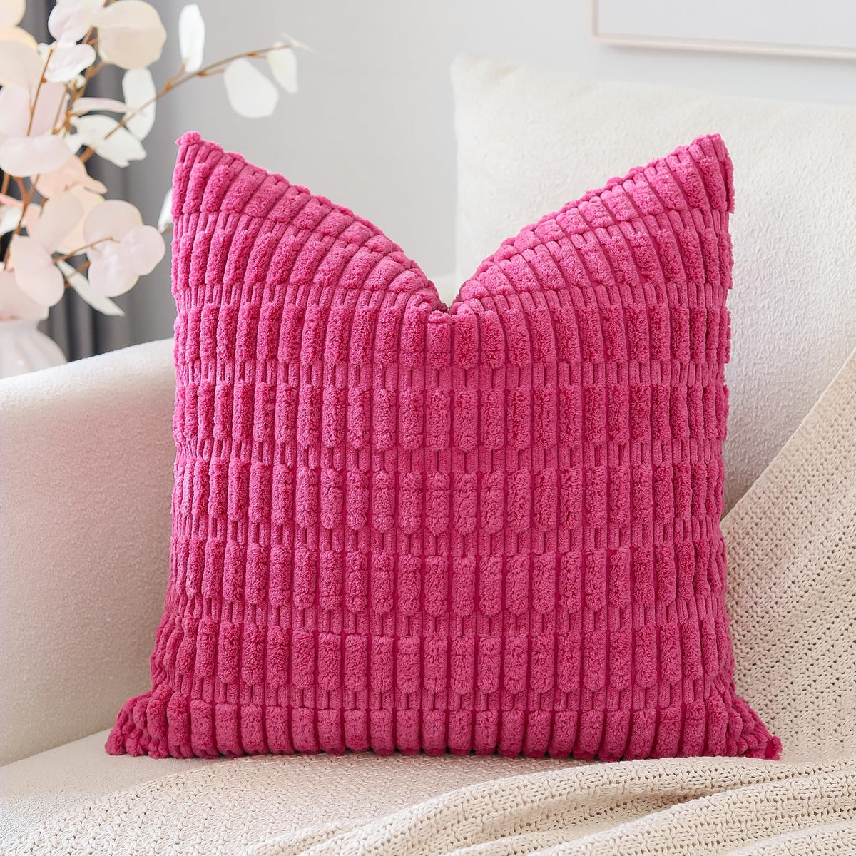 Otostar Corduroy Decorative Throw Pillow Covers 20X20 Inch Super Soft Boho Striped Square Pillow Covers Case Modern Cushion Covers For Sofa Couch Bedroom Car Decor Hot Pink
