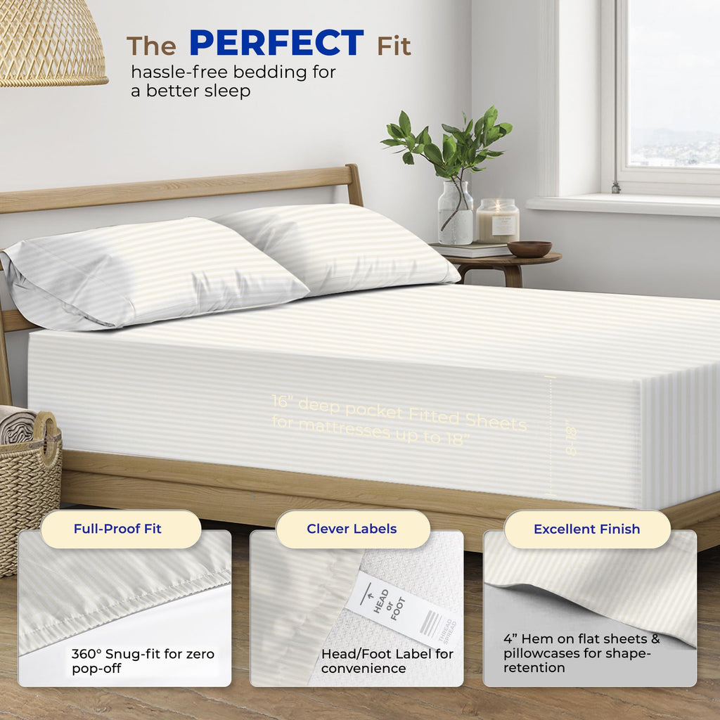 Thread Spread Striped Egyptian Cotton Sheets Twin Xl Size - 600 Thread Count 3 Pc Damask Twin Xl Sheets Deep Pockets, Sateen Wea