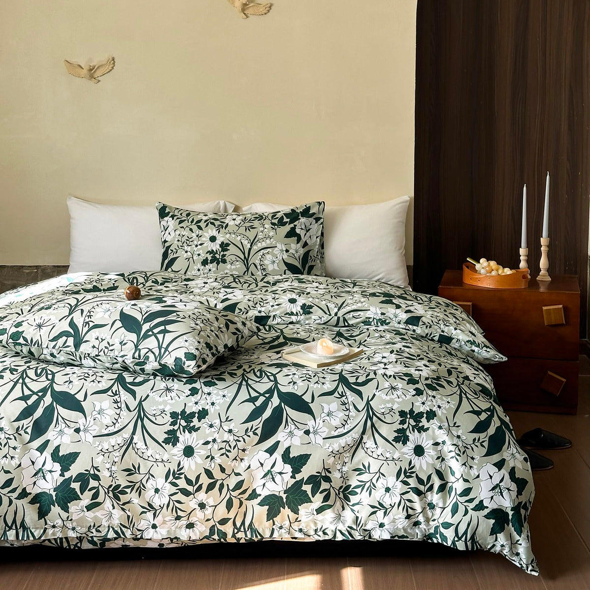 Mixinni King Size Tropical Duvet Cover With Zipper Dark Green Leaves Duvet Cover Set White Flower Pattern 1 Duvet Cover 2 Pillow