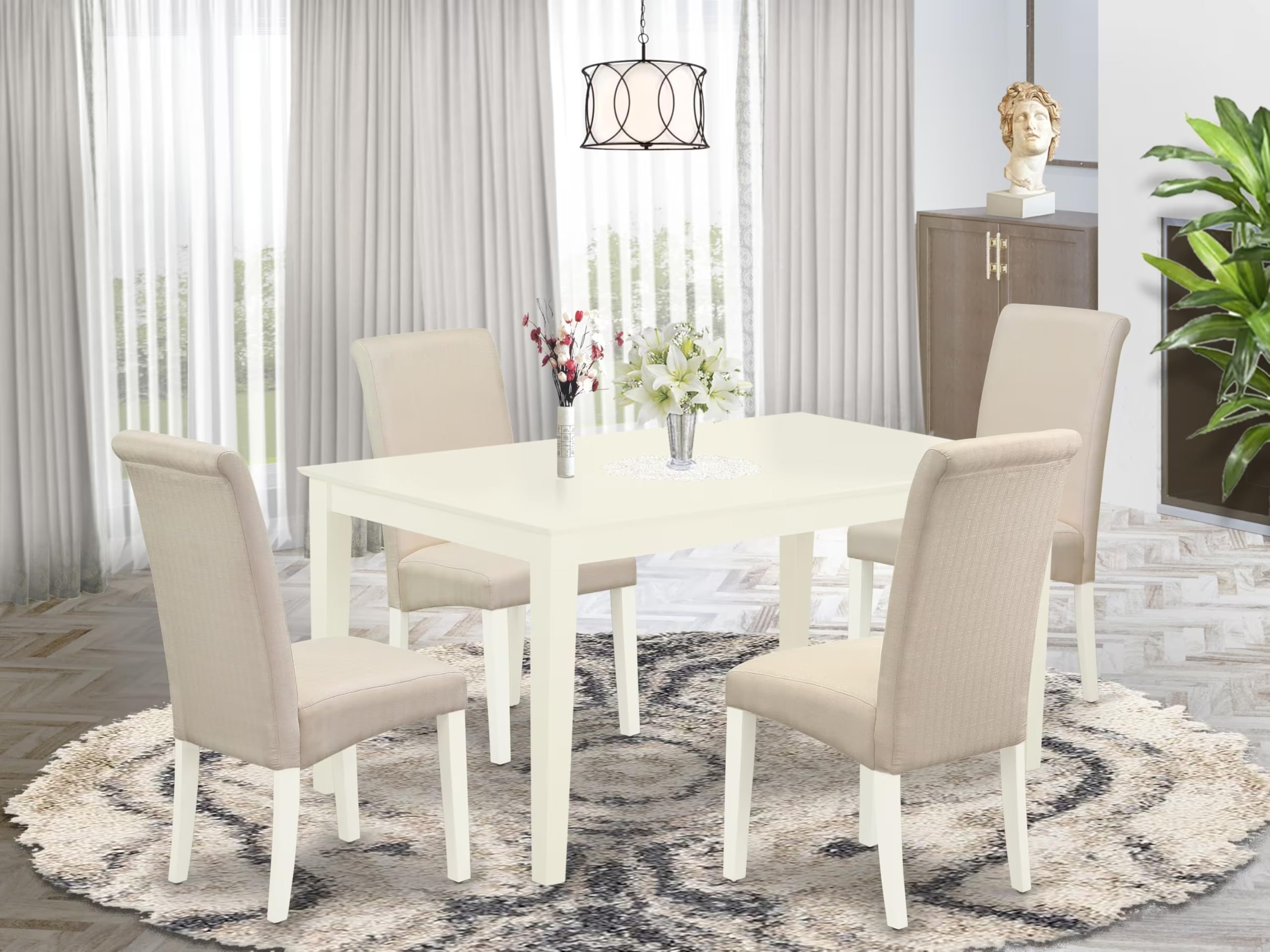 East West Furniture Caba5-Lwh-01 5 Piece Dining Room Table Set Includes A Rectangle Kitchen Table And 4 Cream Linen Fabric Parson Dining Chairs, 36X60 Inch, Linen White