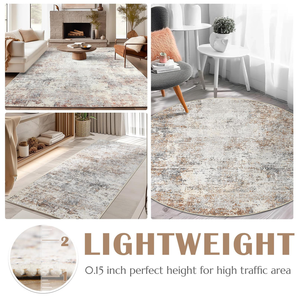 Jinchan Round Rug 4Ft Area Indoor Modern Circle Rug 4' Round Washable Thin Rug Abstract Distressed Floor Mat Taupe Multi Print N