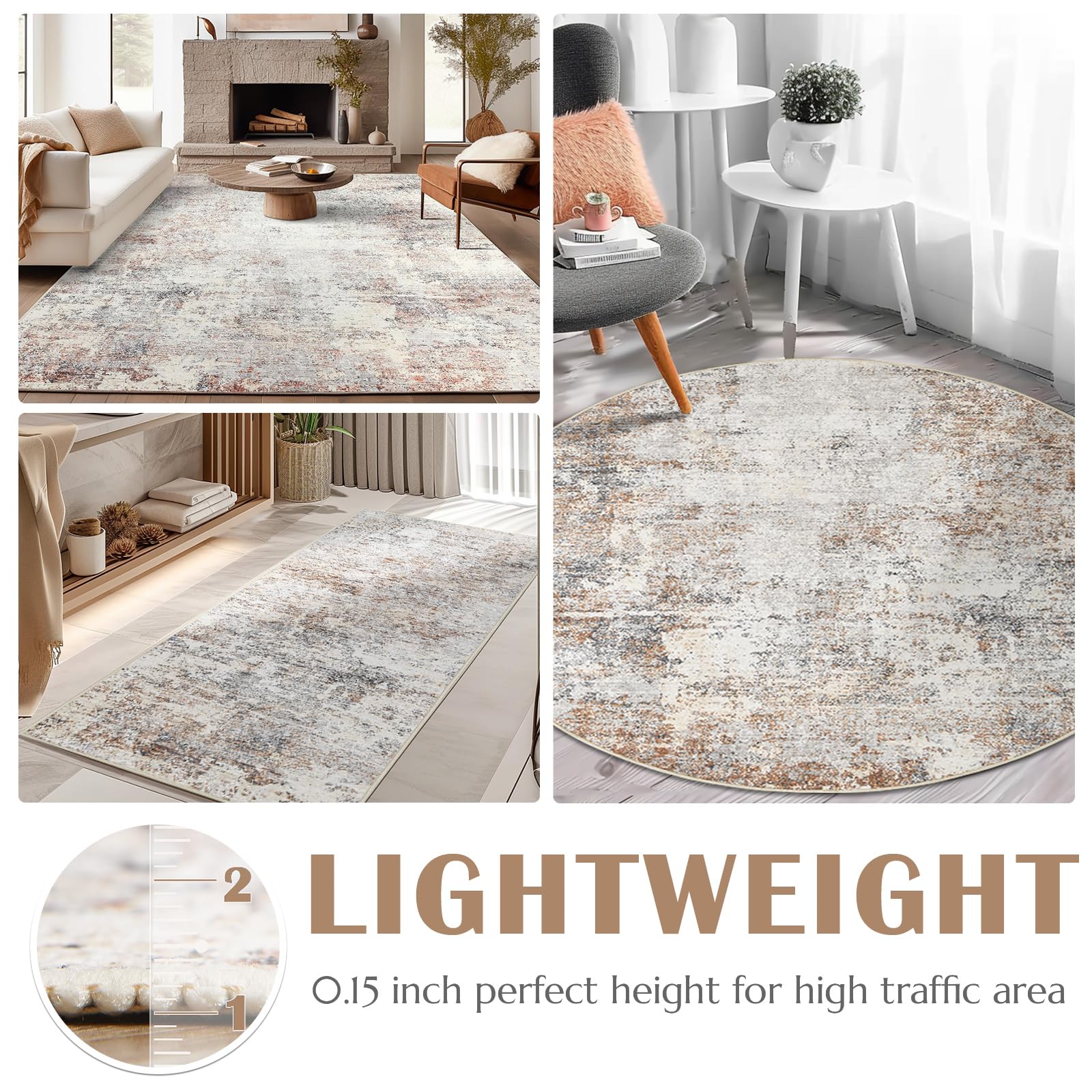 Jinchan Round Rug 4Ft Area Indoor Modern Circle Rug 4' Round Washable Thin Rug Abstract Distressed Floor Mat Taupe Multi Print N