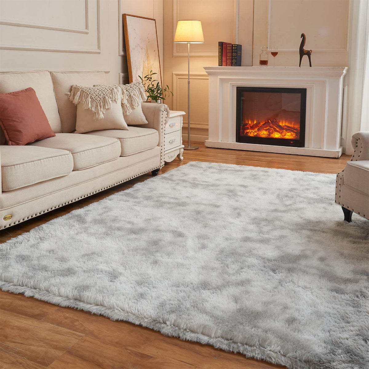 Arbosofe Area Rugs for Living Room Bedroom, 5X8 ft Tie Dyed Light Grey Fluffy Fuzzy Shag Small Carpet Soft Plush Furry Clearance