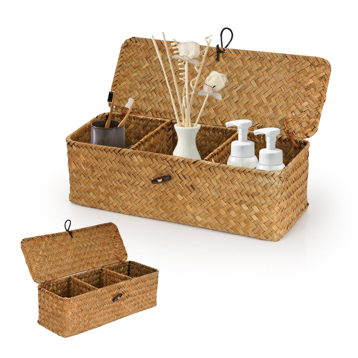 KEJJNYER 3 Compartment Woven Basket with Lid, 12.6x4.7x4.3 inch