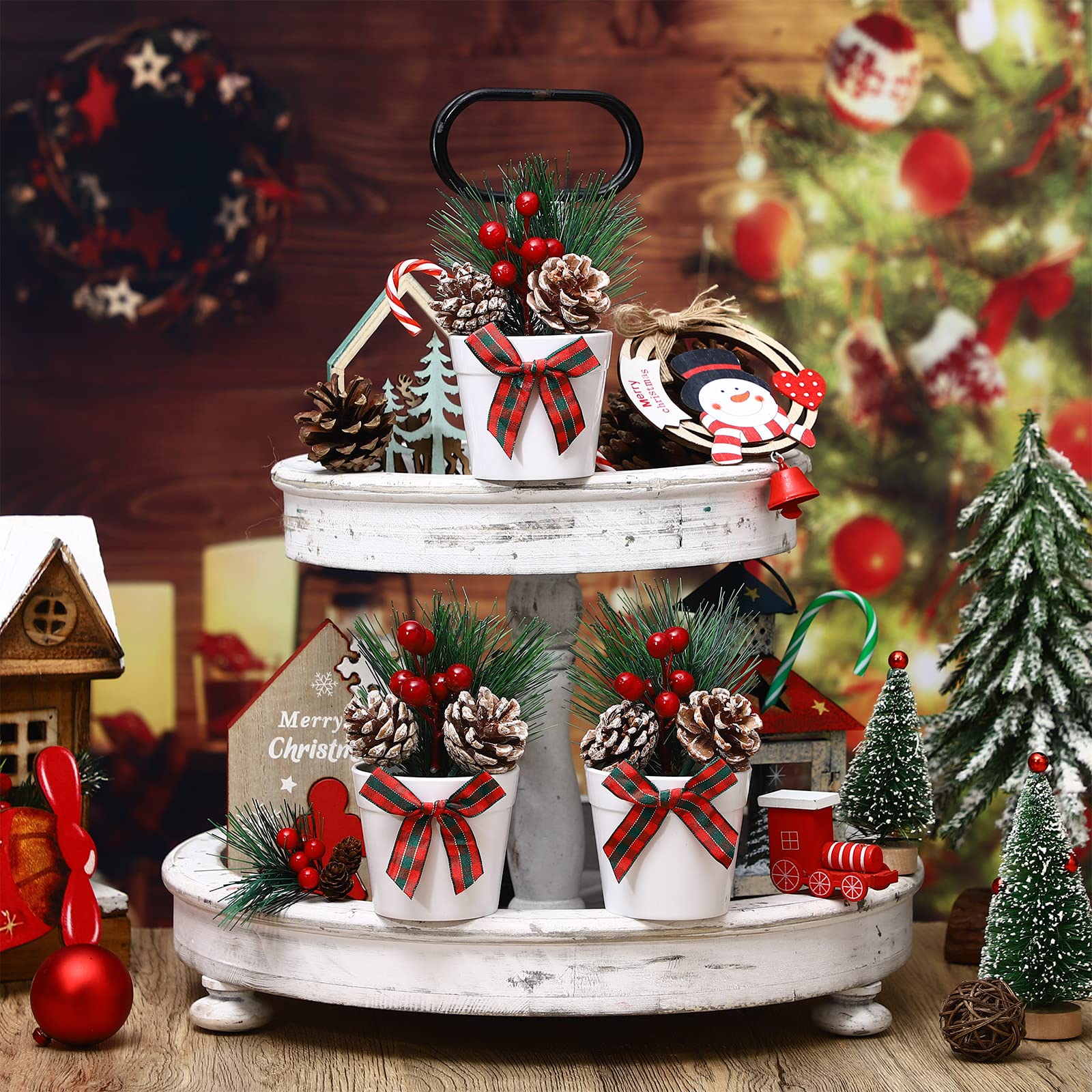 Jexine 3 Set Christmas Tiered Tray Decor Mini Potted Eucalyptus Decor Farmhouse Plant Decor Items For Tiered Trays Farmhouse Art