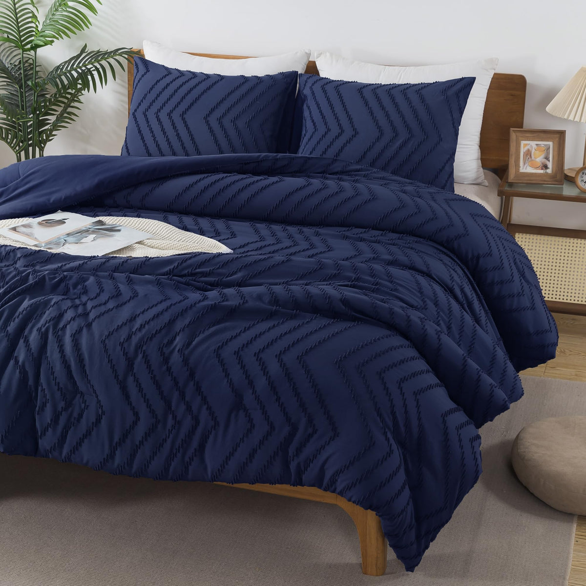Andency Navy Blue Comforter Set Queen Size, Boho Soft Warm Tufted Bedding Comforter Sets For Queen Size Bed, 3 Pieces Aesthetic