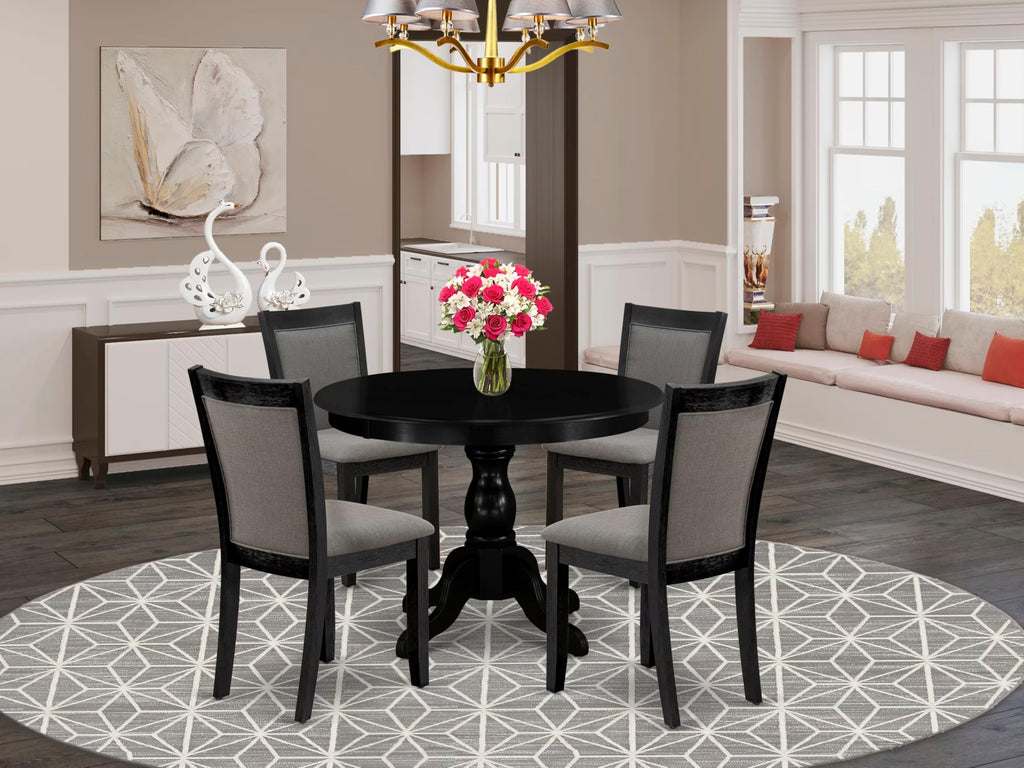 East West Furniture HBMZ5-AB6-50 5 Piece Dinette Set Includes a Round Dining Table with Pedestal and 4 Dark Gotham Grey Linen Fabric Parson Dining Room Chairs, 42x42 Inch, Wirebrushed Black