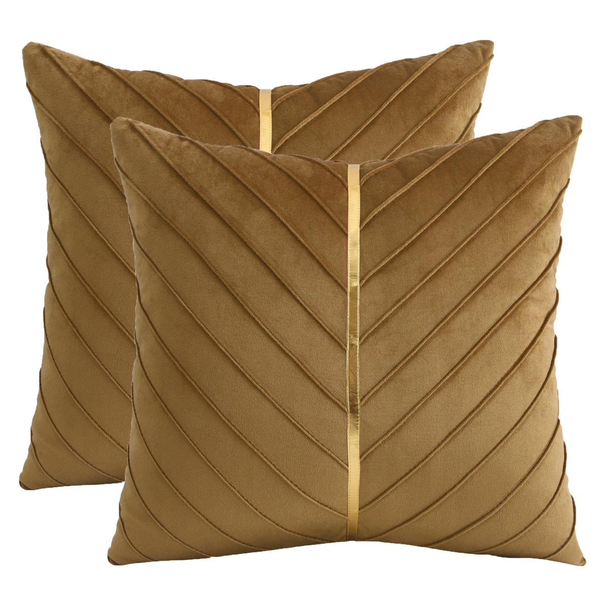 Tosleo Brown Velvet Throw Pillow Covers 18X18 Inch Pack Of 2 With Gold Leather Decorative Couch Pillow Cover Luxury Modern Pillo