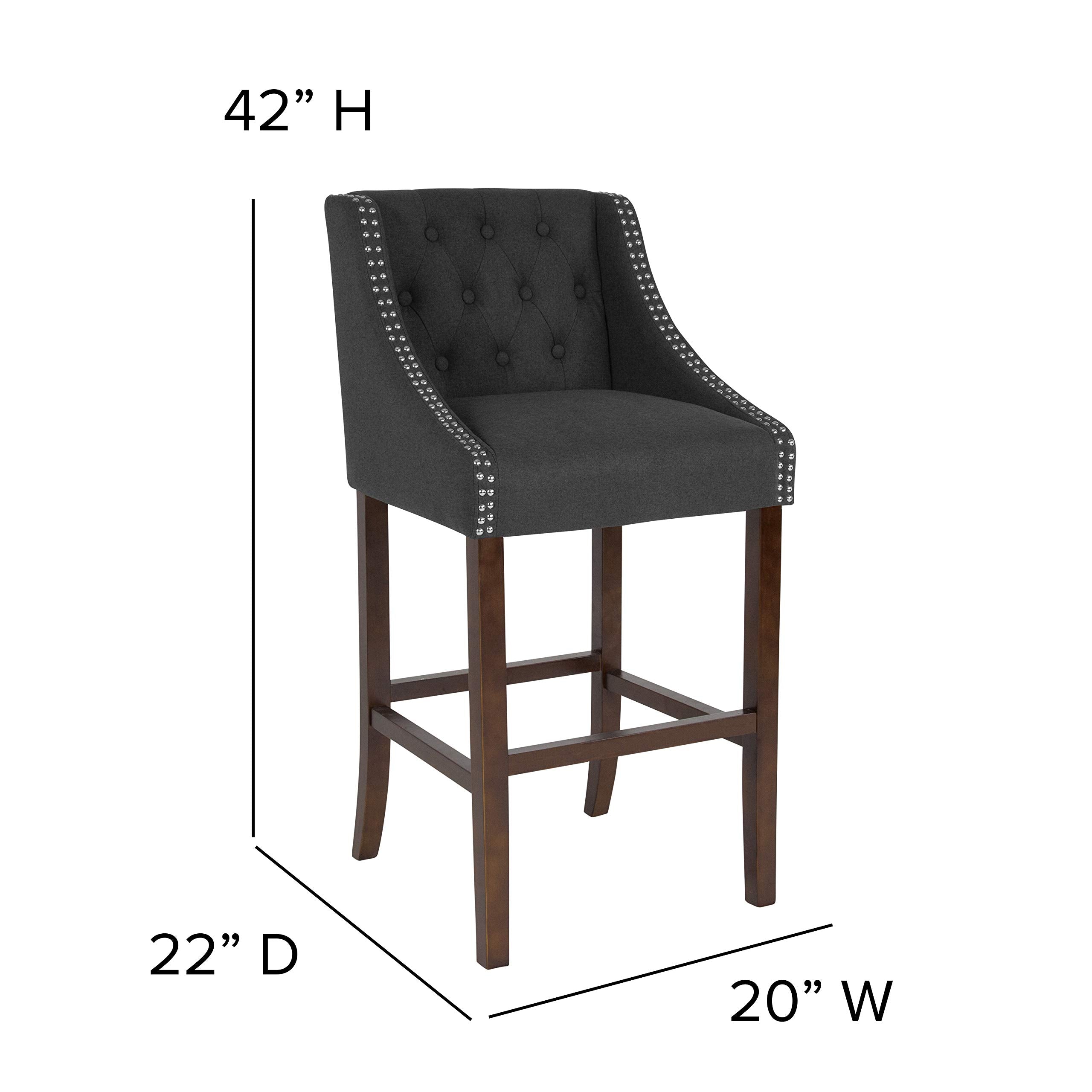 Flash Furniture Carmel Series 30&quot; High Transitional Tufted Walnut Barstool With Accent Nail Trim In Charcoal Fabric