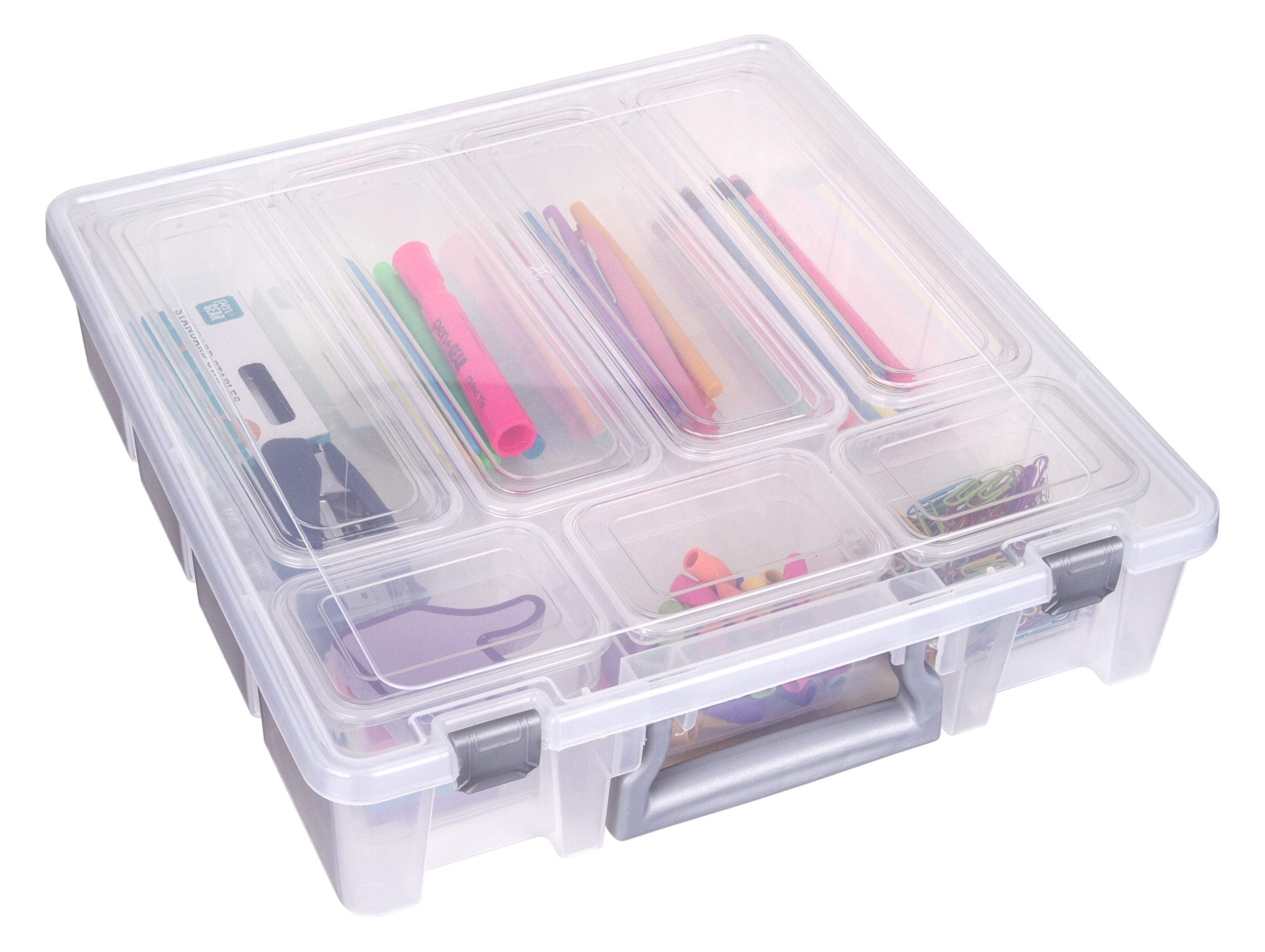 Ab Designs 6967Abd Super Satchel With 9 Mixed Bins Inside, Stackable Home Storage Organization Container, Clear With Sliver Latc
