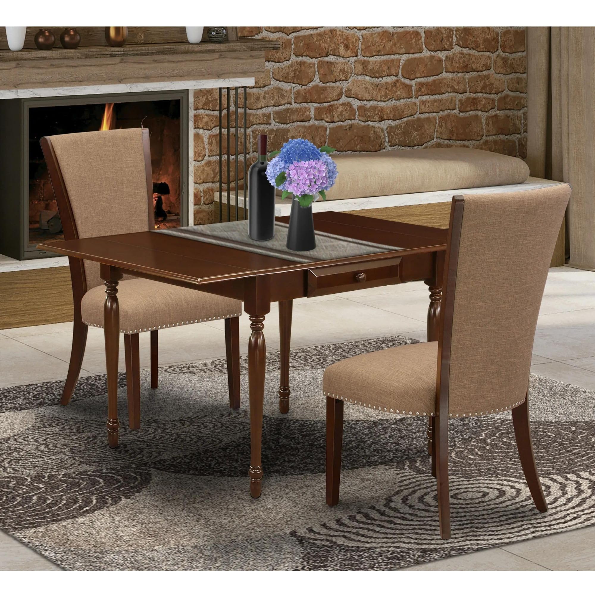 East West Furniture Mzve3-Mah-47 3 Piece Kitchen Table Set Contains A Rectangle Dining Table With Dropleaf And 2 Light Sable Linen Fabric Upholstered Chairs, 36X54 Inch, Mahogany