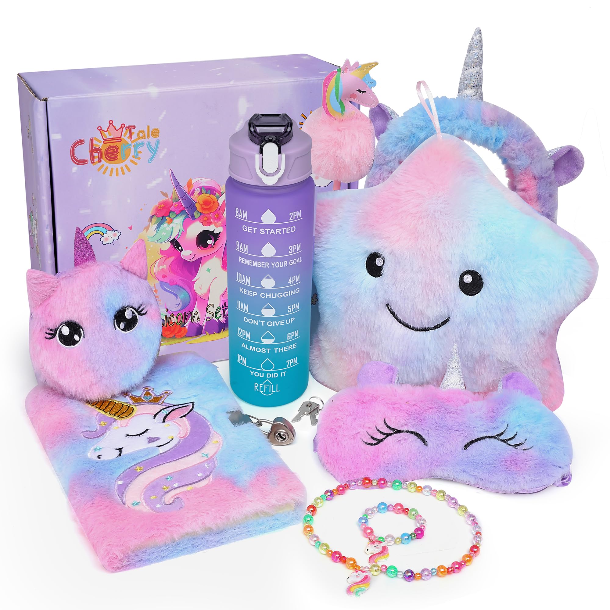 Cherry Tale Unicorns Gifts For Girls Age 6-8, Kids Unicorn Toy Set With Light Up Star Pillow Water Bottle Plush Diary Birthday F