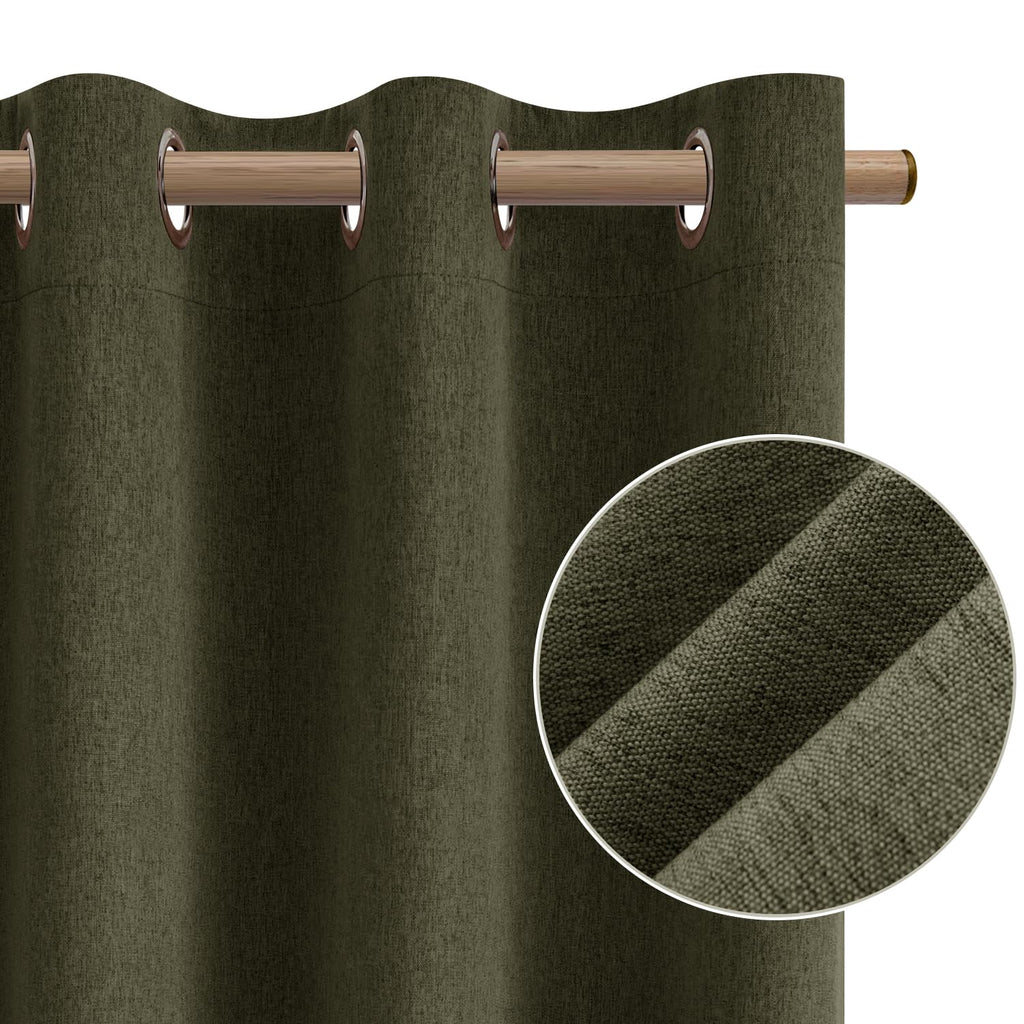 Homeideas Olive Green 100% Blackout Curtains, 2 Panels Faux Linen Curtains Room Darkening Curtains 52 X 84 Inches Thermal Insula