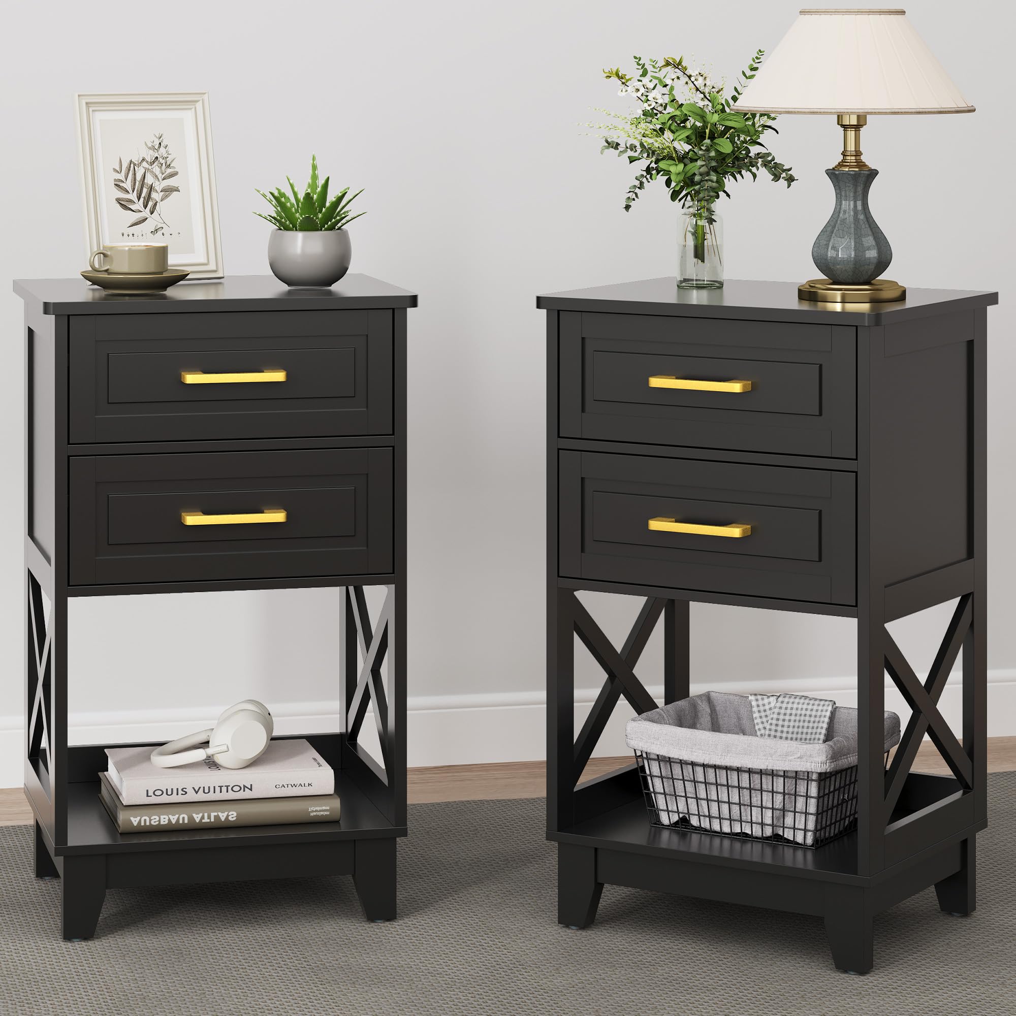 RoyalCraft 30  Tall Nightstand Set of 2, Black Beside Table with 2 Drawers and Open Shelf Below, Modern Night Stand End Table fo