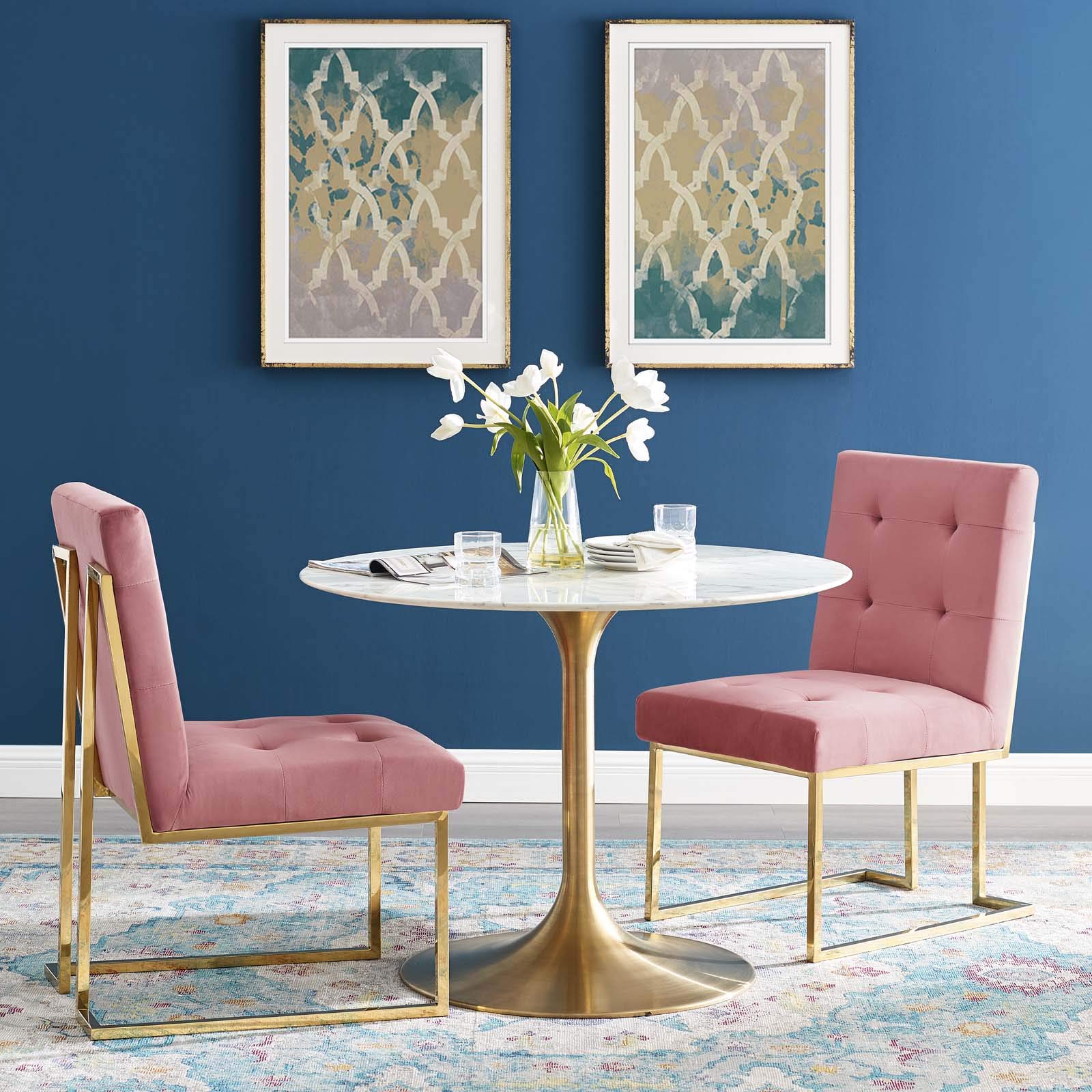 Modway Privy Stainless Steel Performance Velvet Dining Chair Set Of 2, Gold Dusty Rose