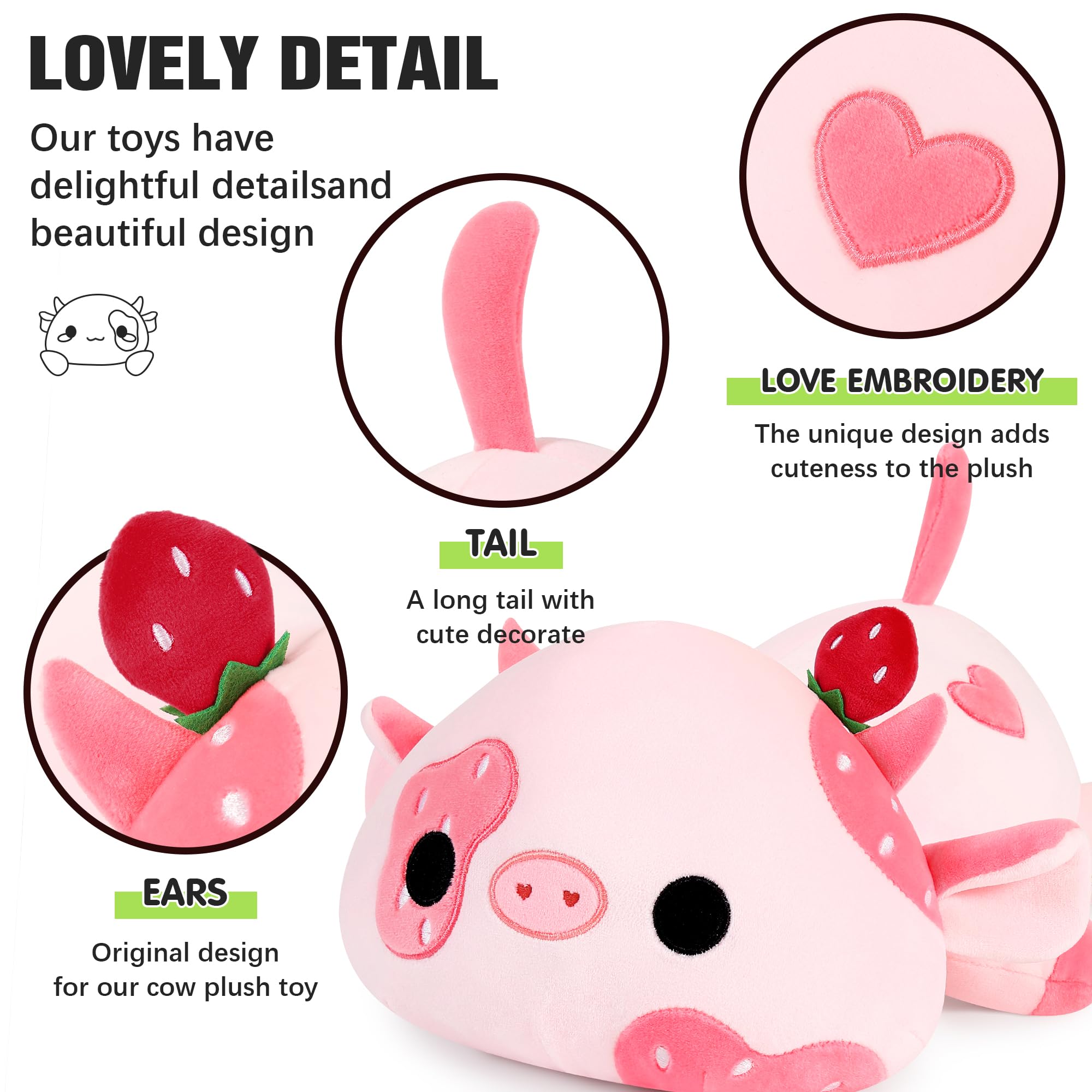Onsoyours Cute Cow Plushie, Soft Stuffed Strawberry Cow Squishy Plush Animal Toy Pillow For Kids (Strawberry Cow, 9')